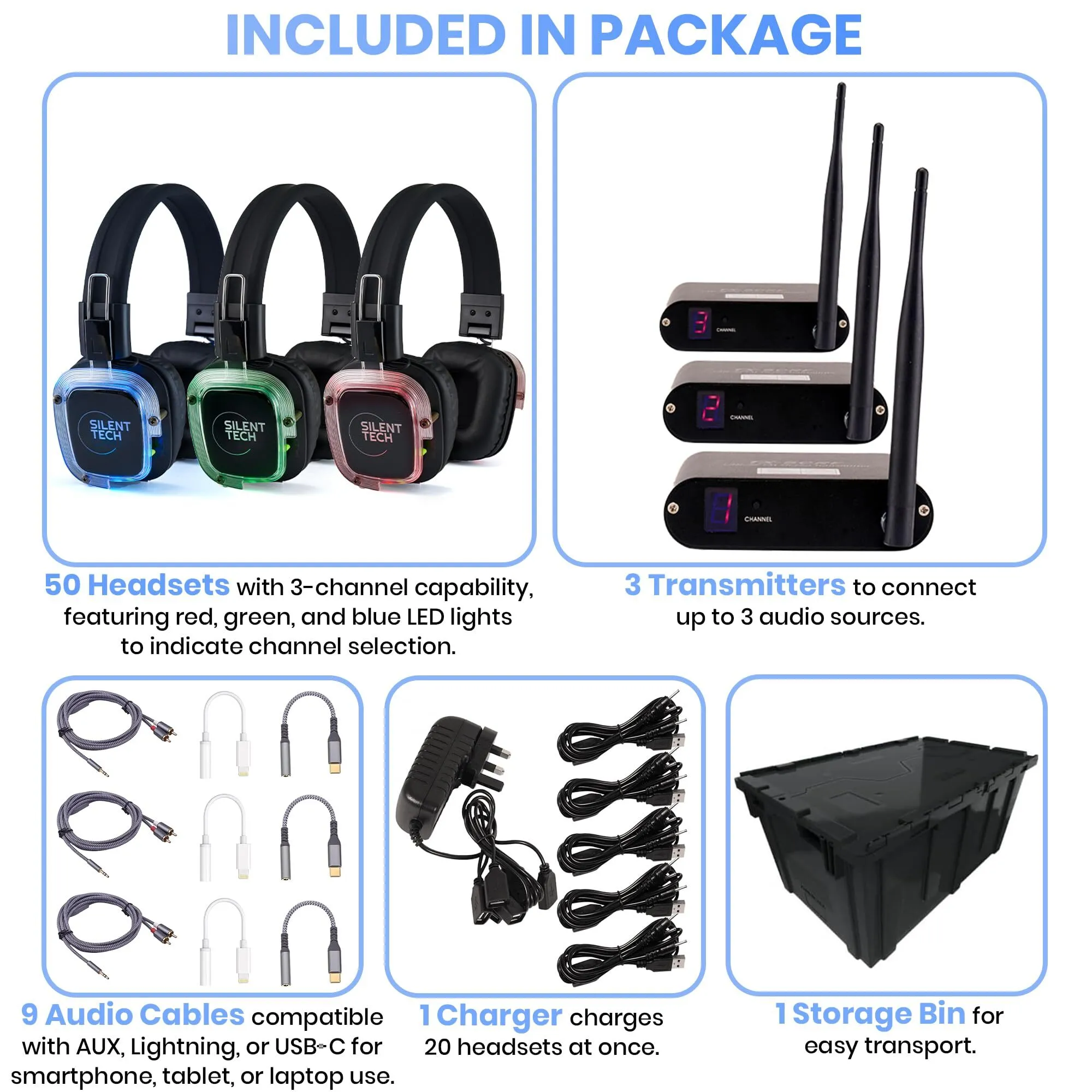 Silent Disco Package - 20 headsets  \ 3 Transmitters