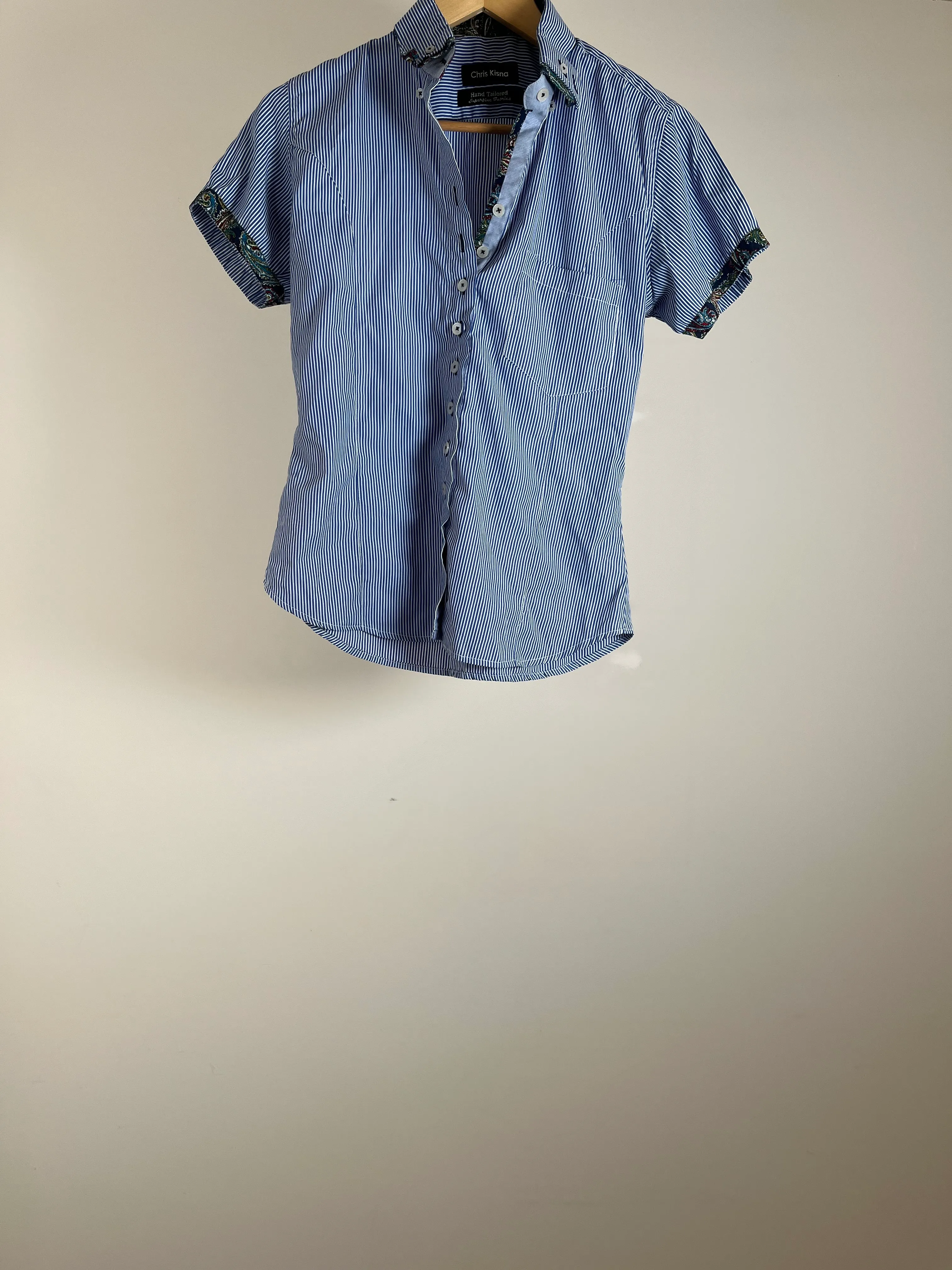  White and Navy Striped Womens Button Up - 8