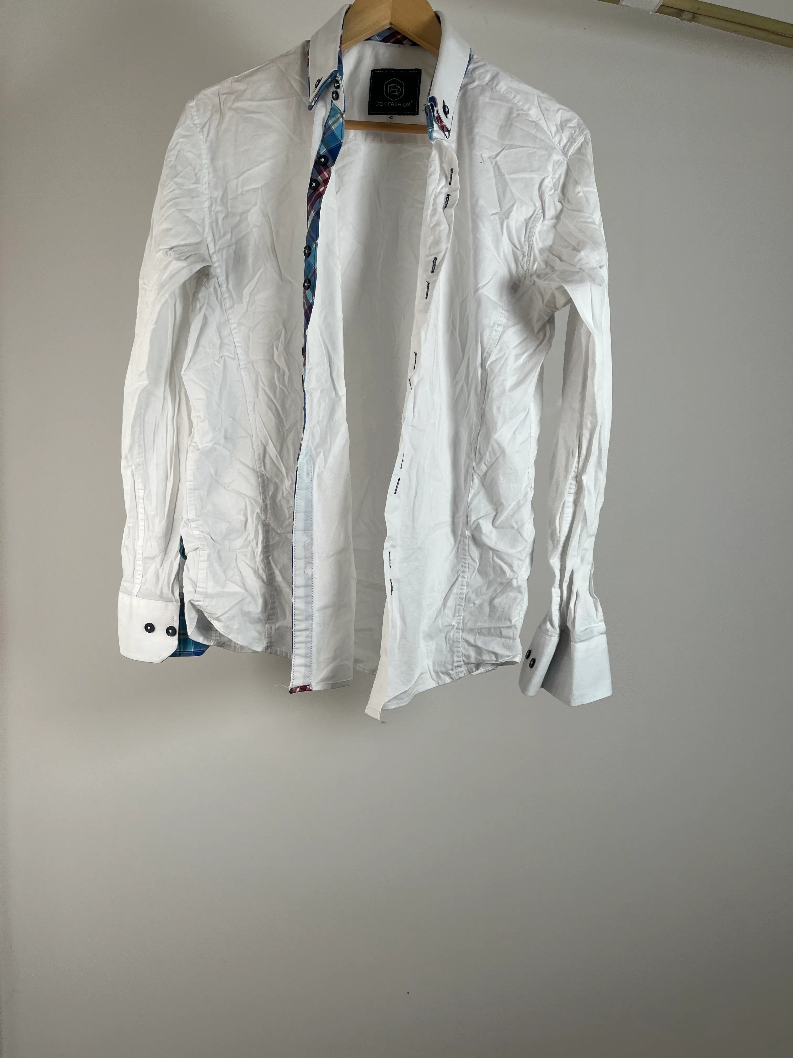 Mens White Long Sleeve Button Down with Plaid Detail - L