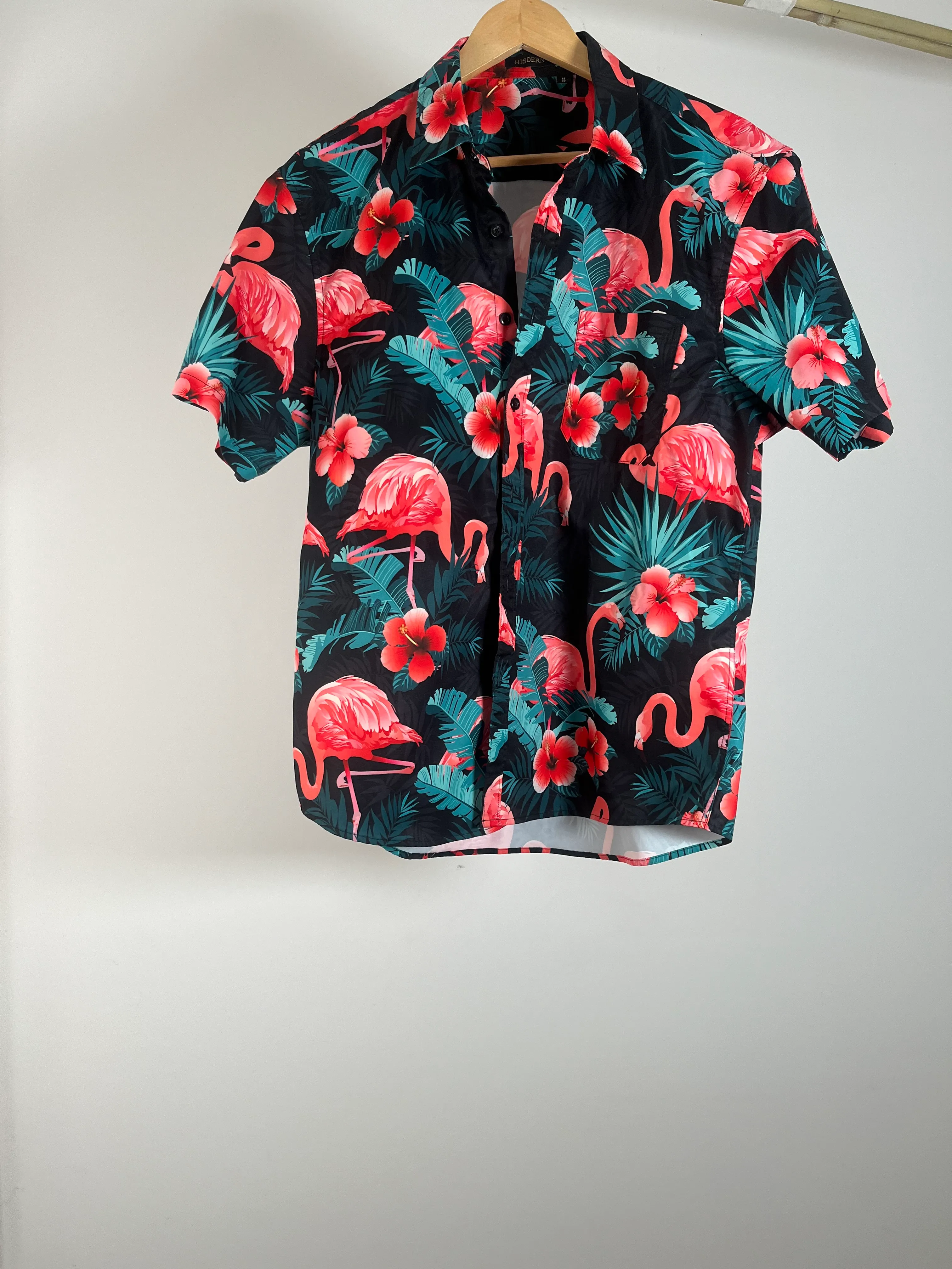Mens Flamingo Print Button Down Shirt - M