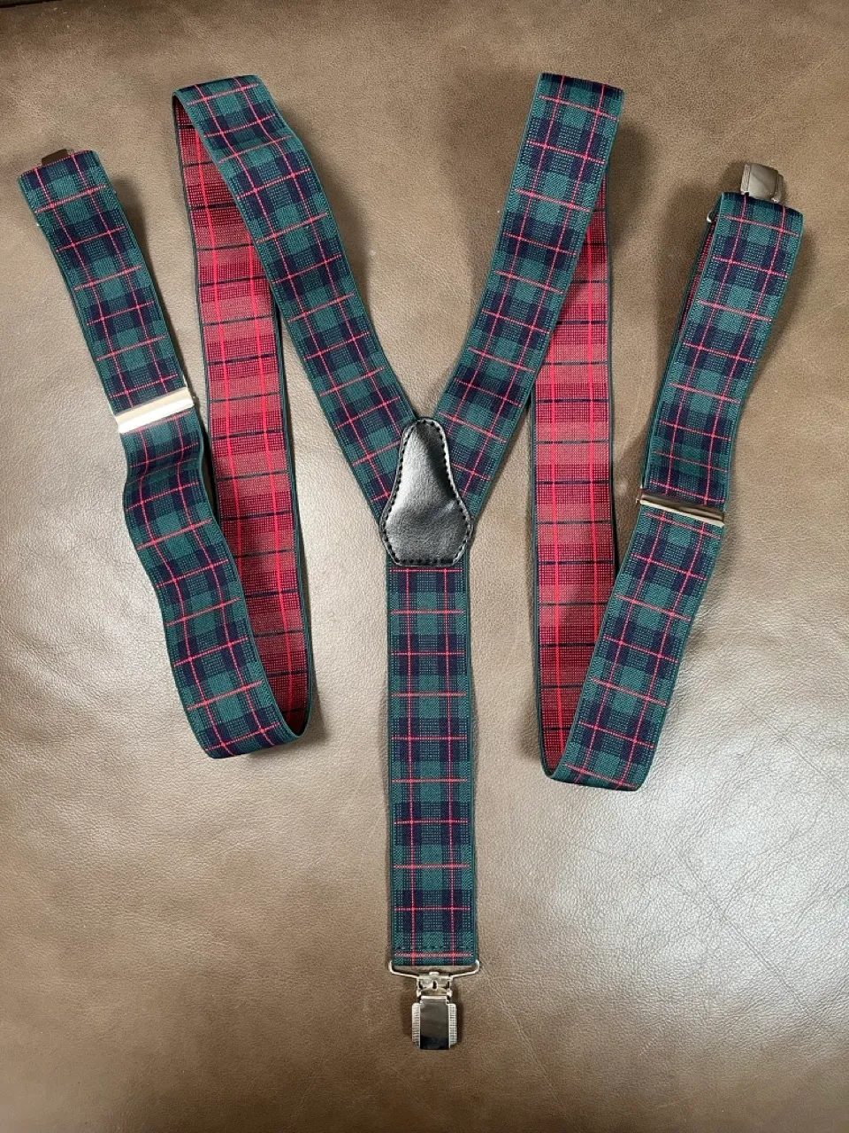Red Green and Blue Plaid Clip Suspenders