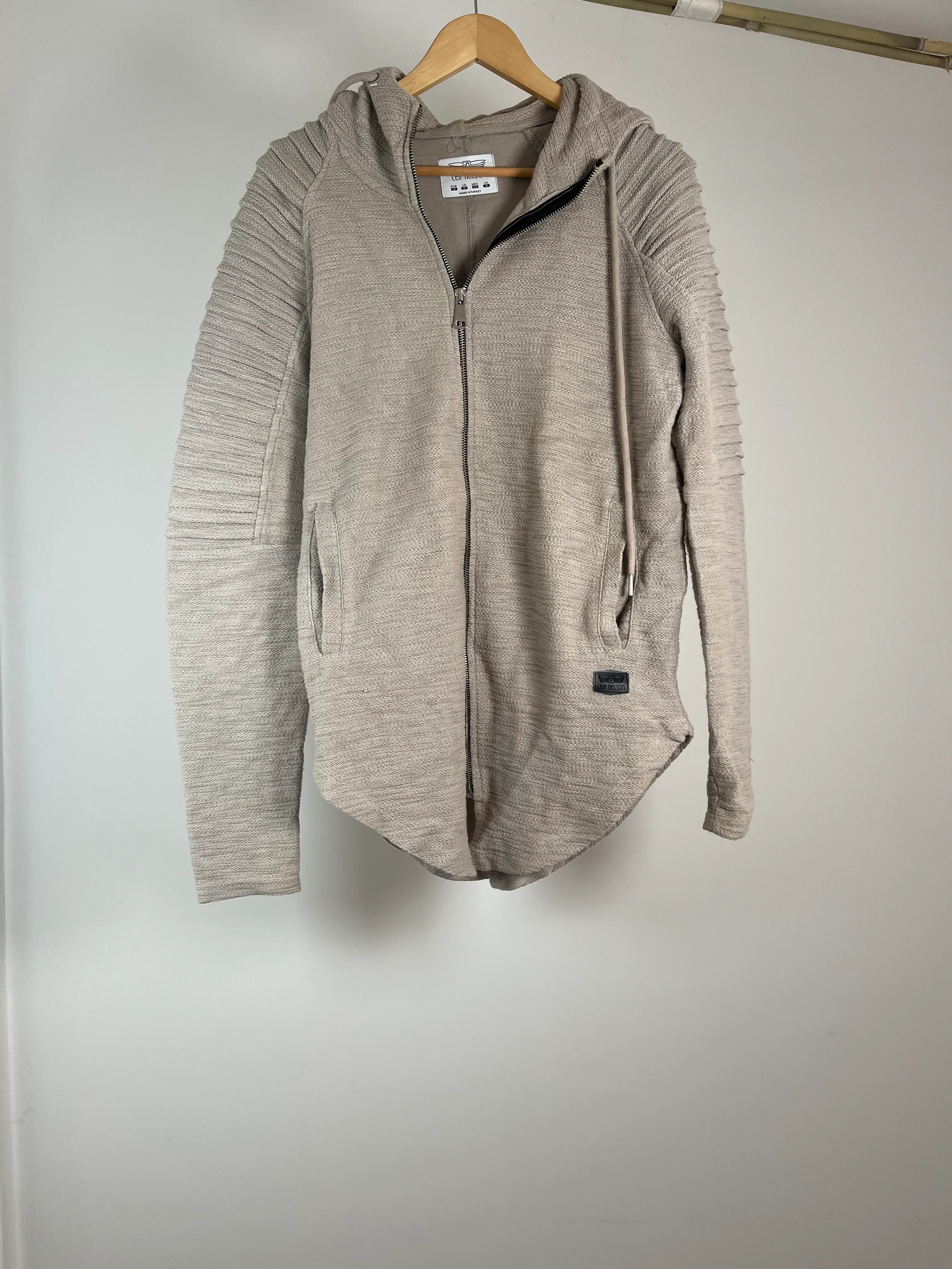 Mens Tan Ribbed Sleeve Zip Up Hoodie - M