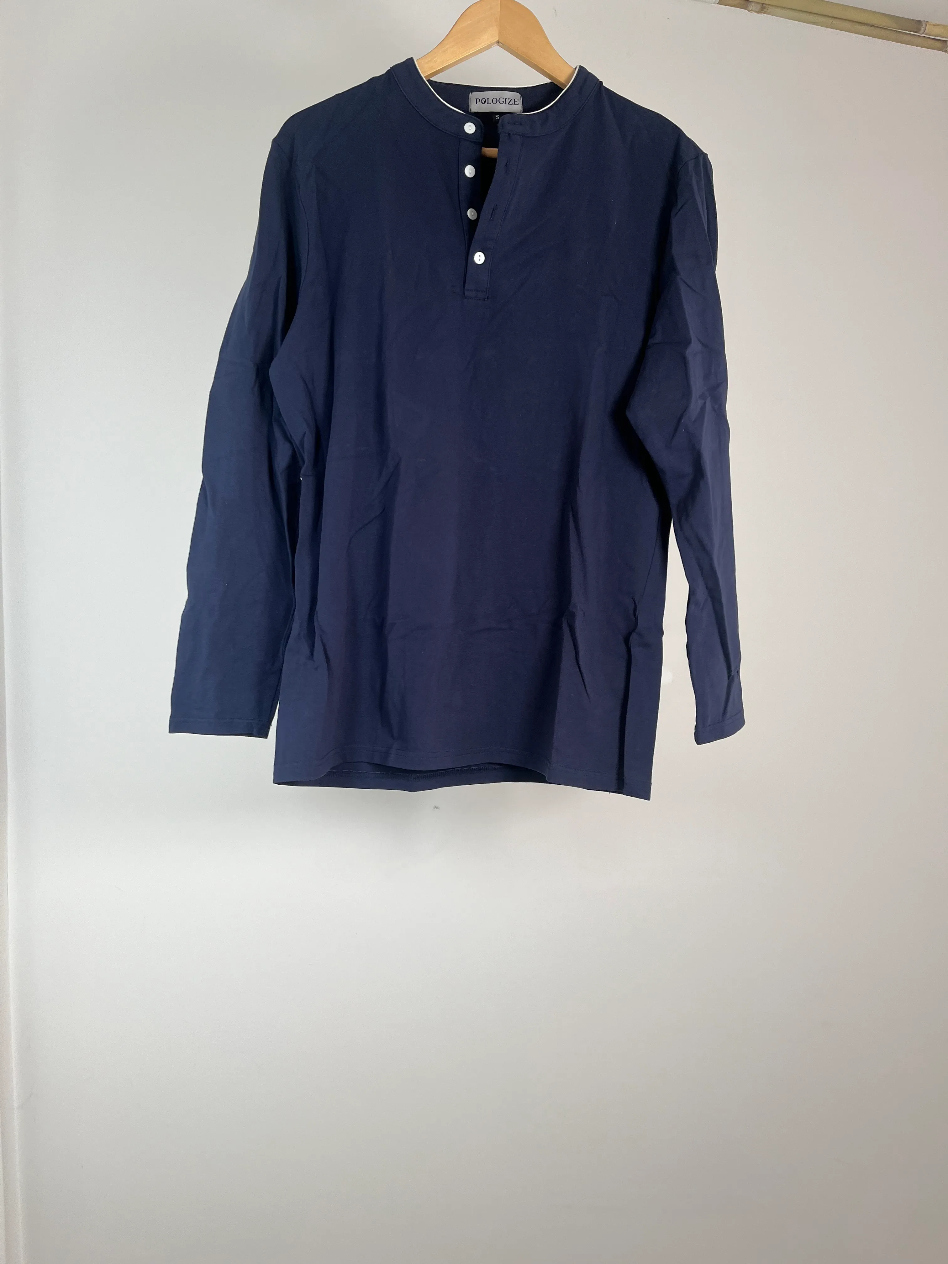 Mens Navy Long Sleeve with Granddad Collar - S