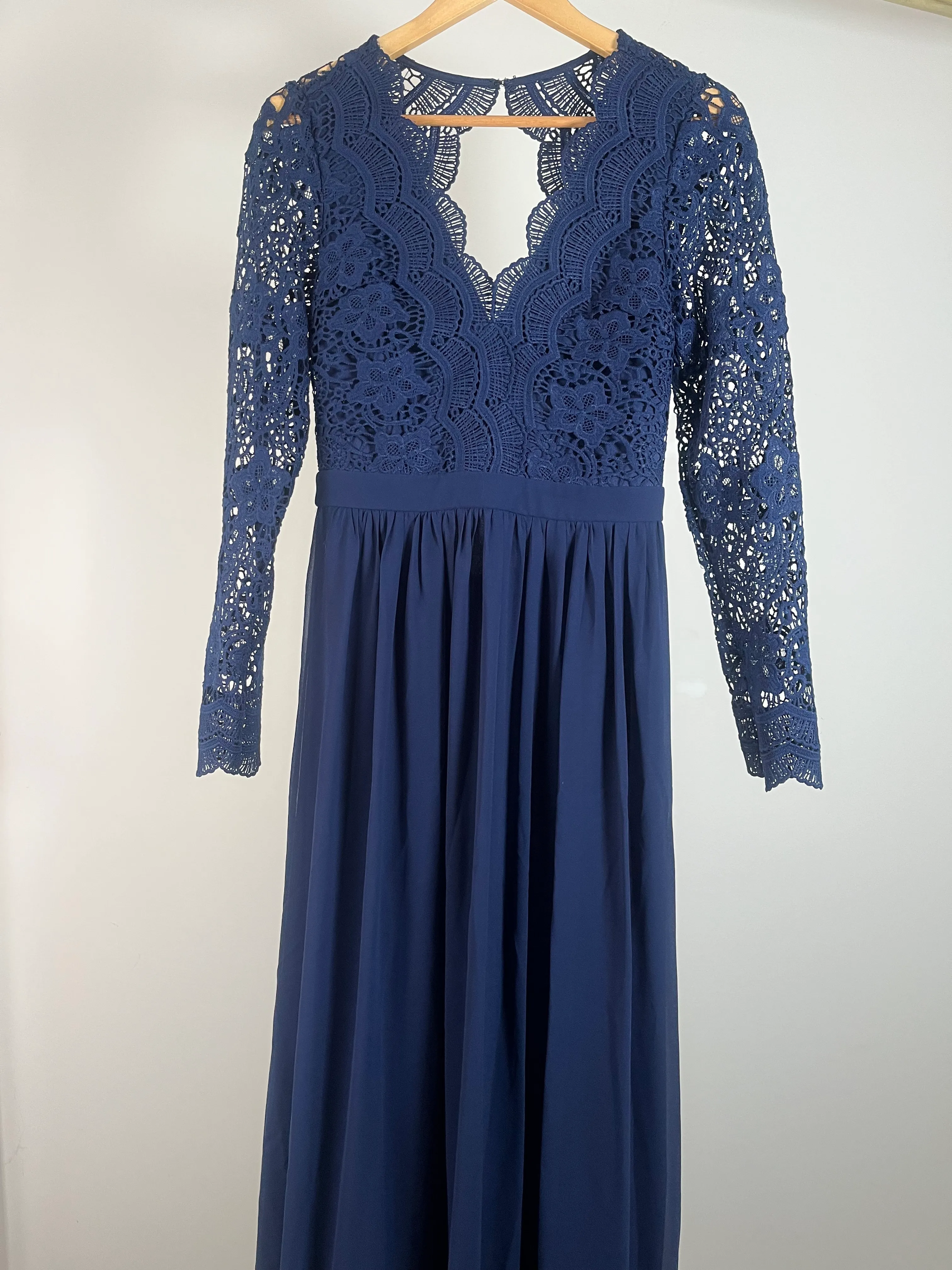 Womens Long Navy Dress with Lace Detail - M