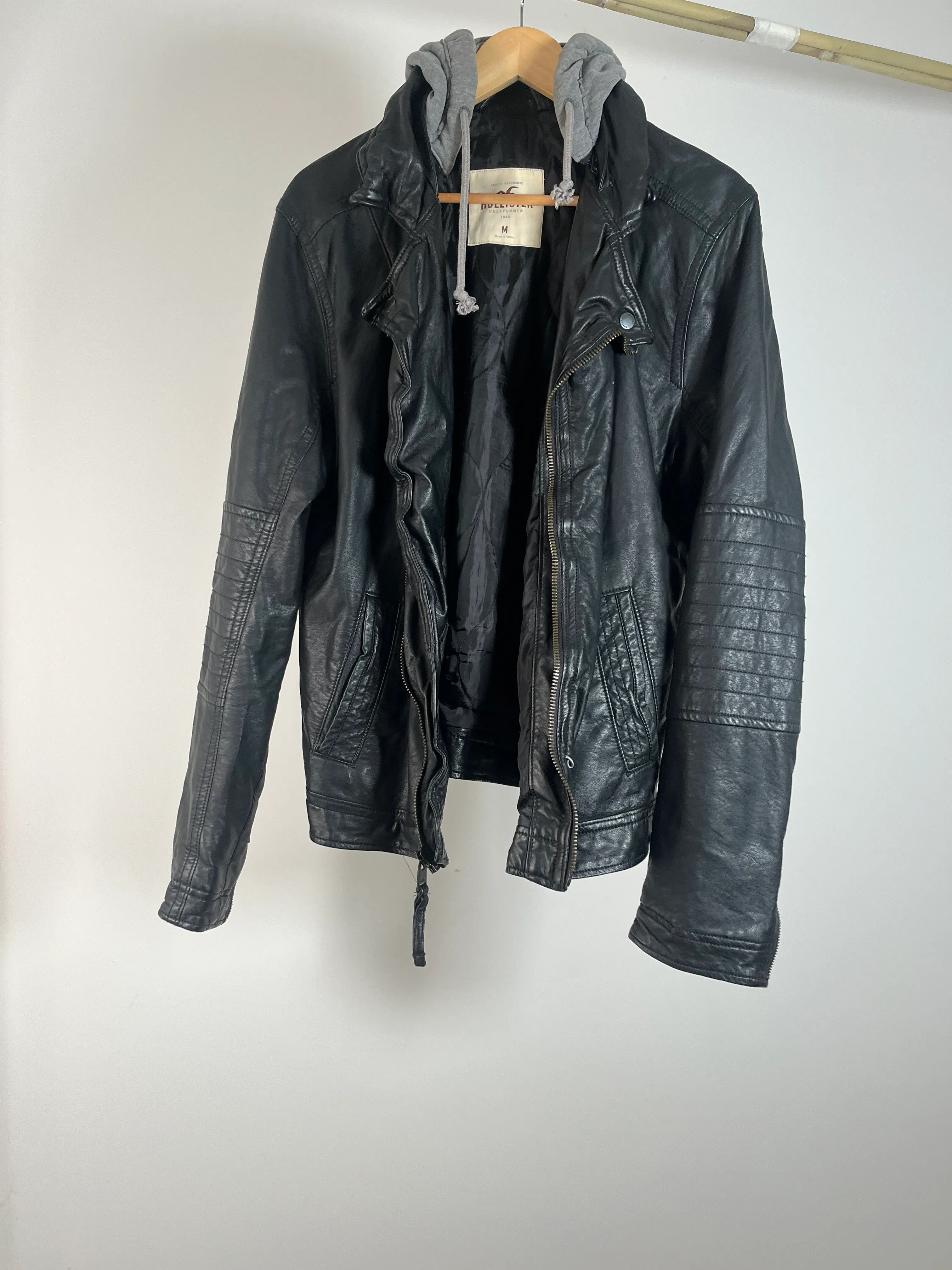 Mens Black Faux Leather Jacket with Hoodie - M