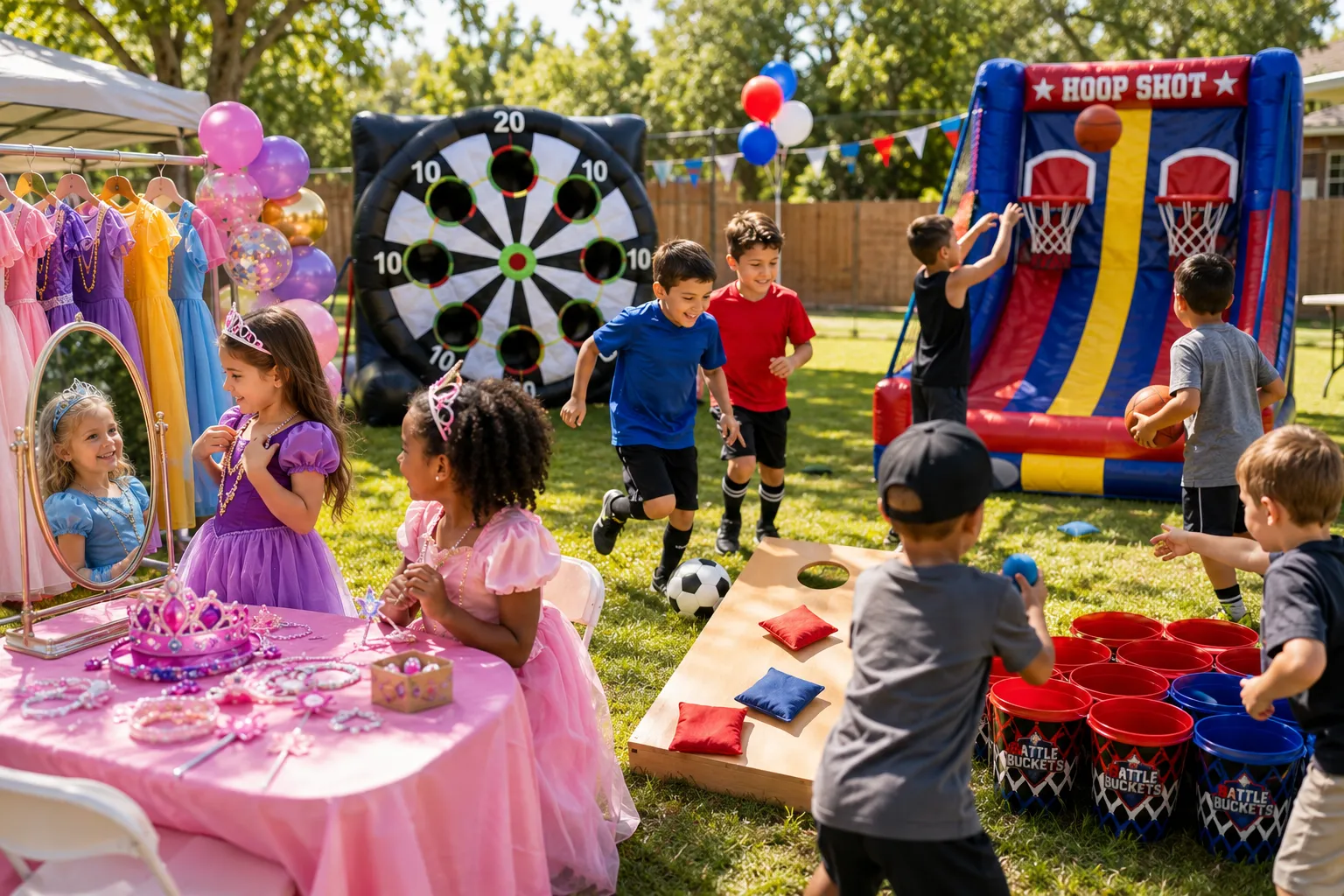 A group of children having fun at an outdoor birthday party. Some children are dressing up as princesses with tiaras and a mirror, while others play soccer, basketball, cornhole, and Battle Buckets in a decorated backyard with colorful balloons and party games.
