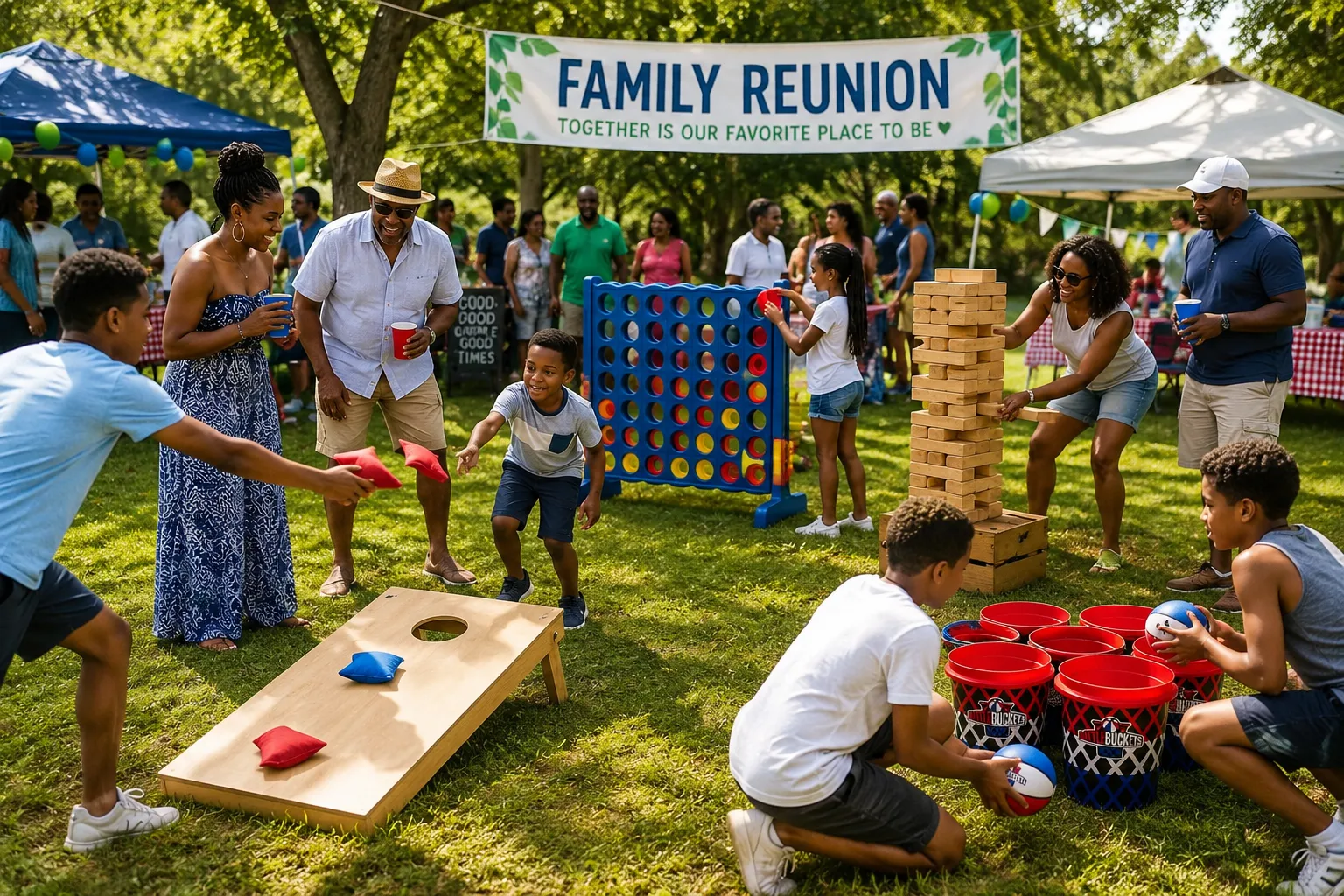 A multi-generational family enjoys an outdoor reunion in a park while playing cornhole, battle buckets, and soccer granny pants. Children, parents, and grandparents laugh together under shade trees with picnic tables and reunion decorations in the background.