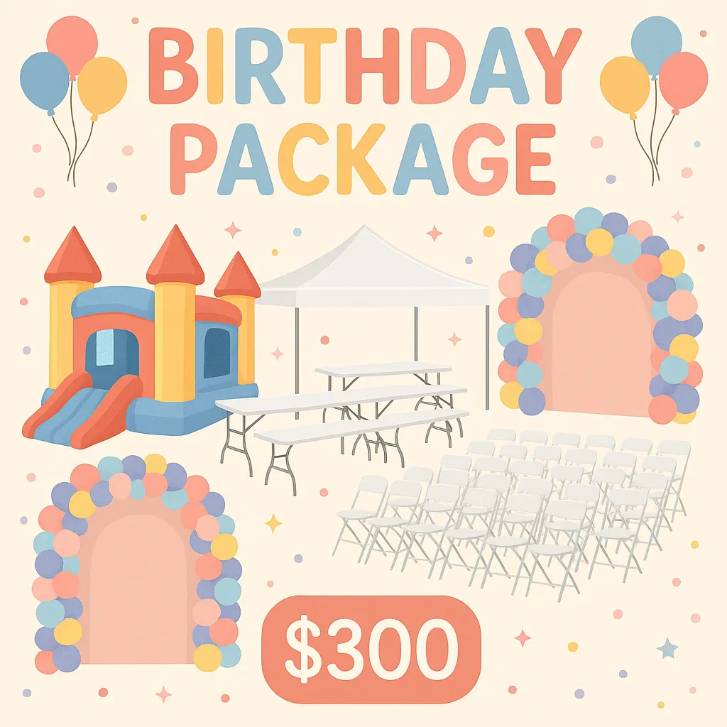 Birthday Party Package – $300 Everything you need for the perfect celebration! Includes a bounce house, 10x20 tent, 5 tables, 50 chairs, 2 balloon arches, and 2 beautiful backdrops.