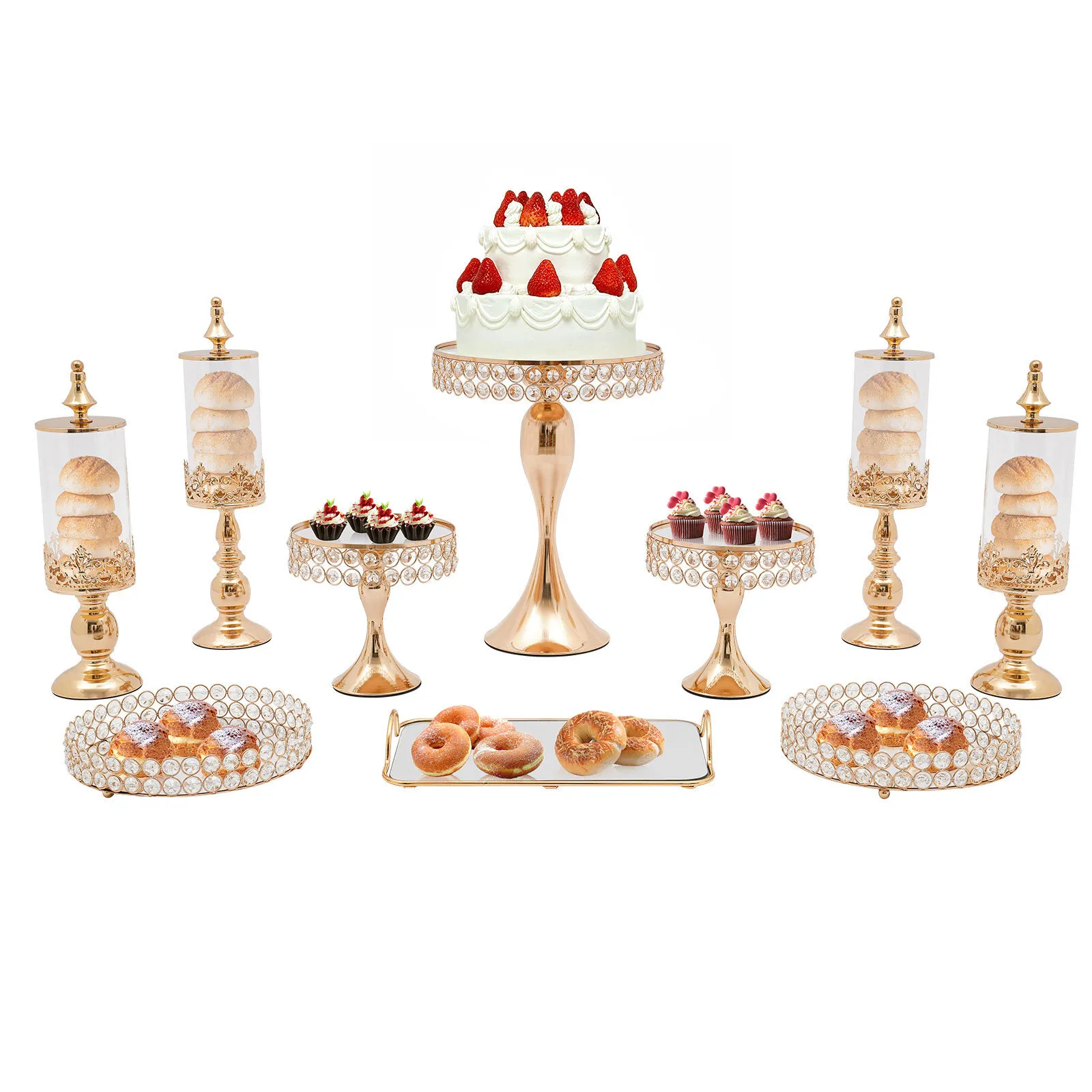 GOLD 10PCS CRYSTAL METAL MIRRORED SURFACE CUPCAKE STAND SET