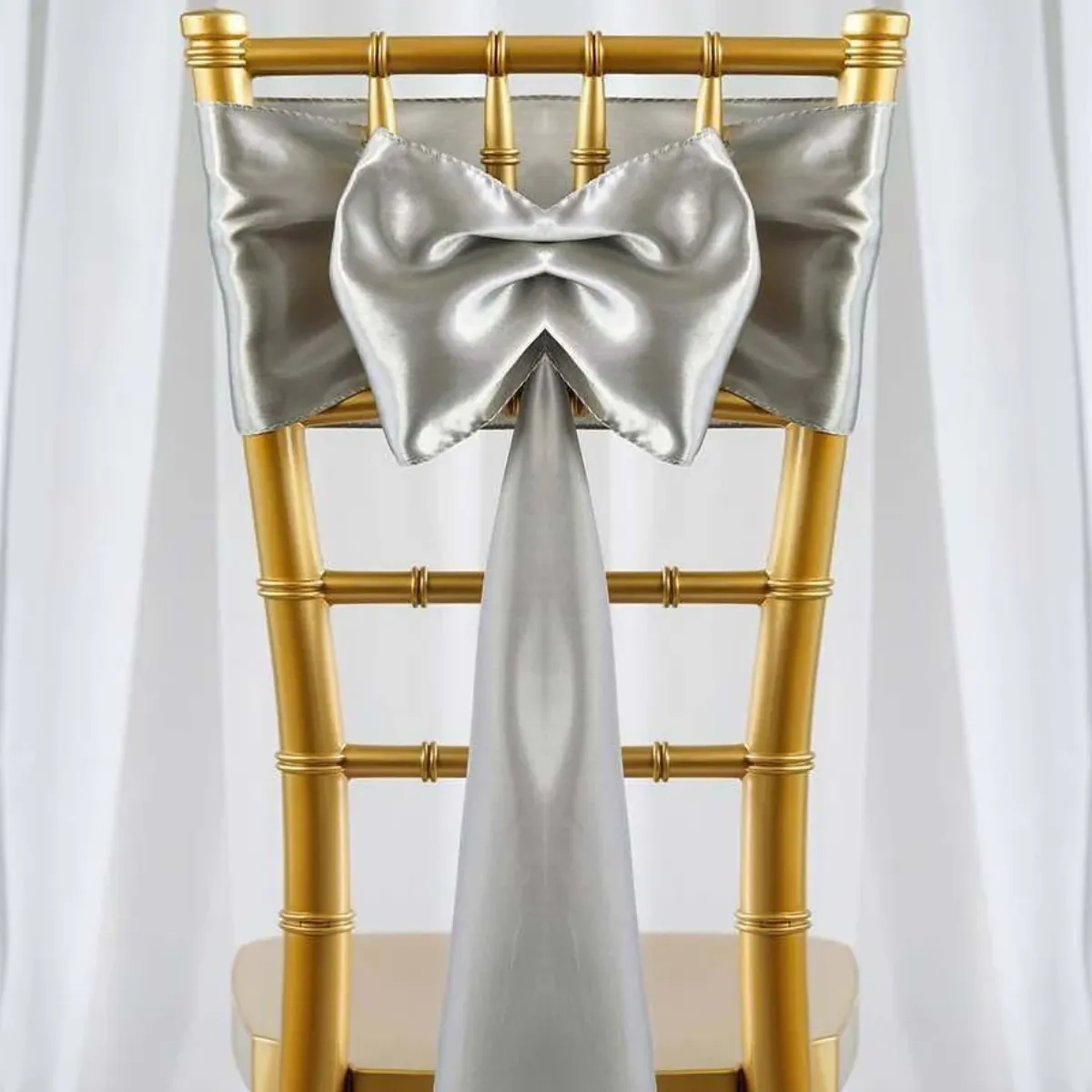  Silver Satin Chair Sash Rental for Gold Chiavari Chairs