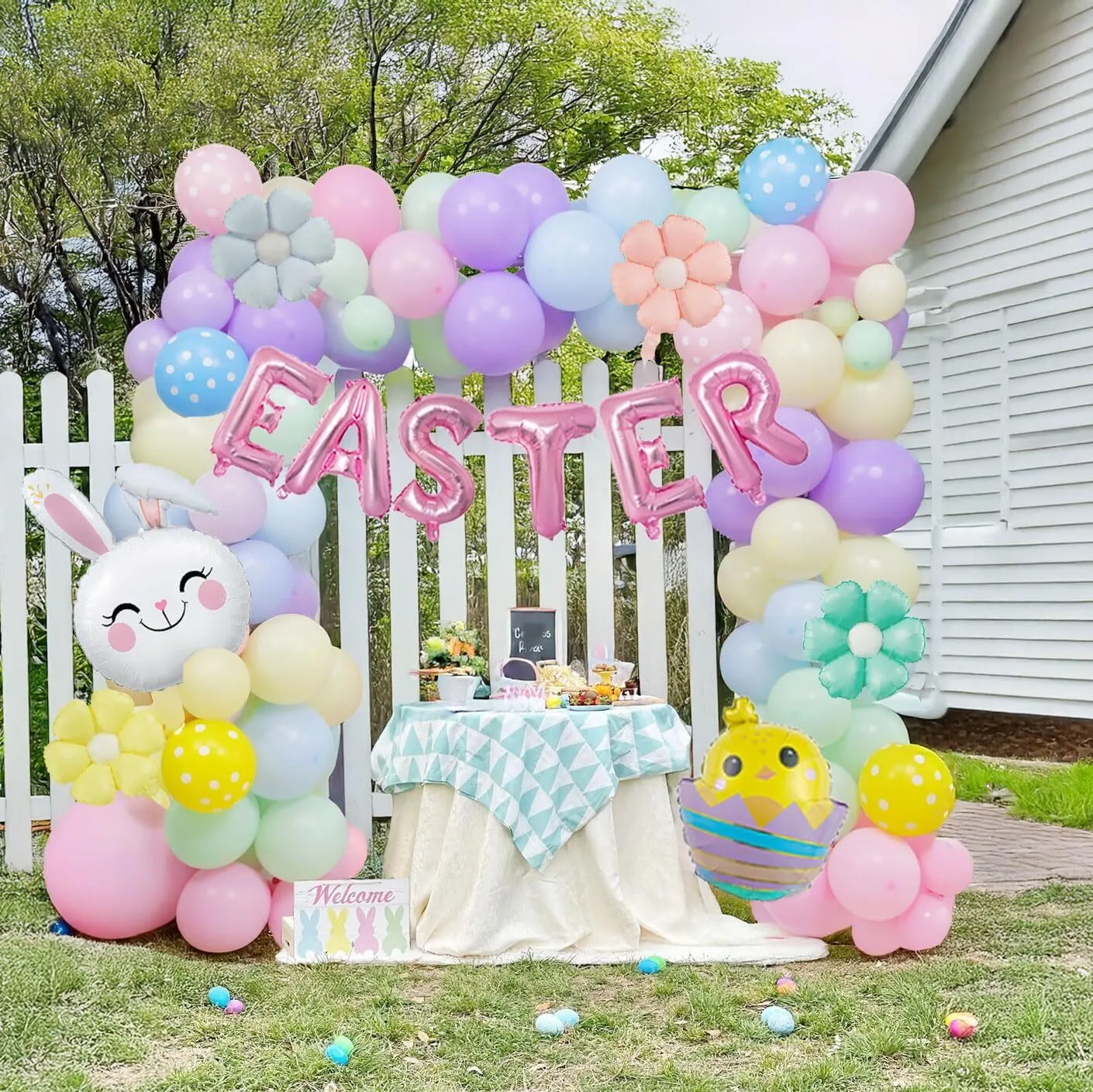 Premade Ready to Hang Grab and Go Balloon Garland Only - Colorful daisy letters Easter egg chicken foil balloons