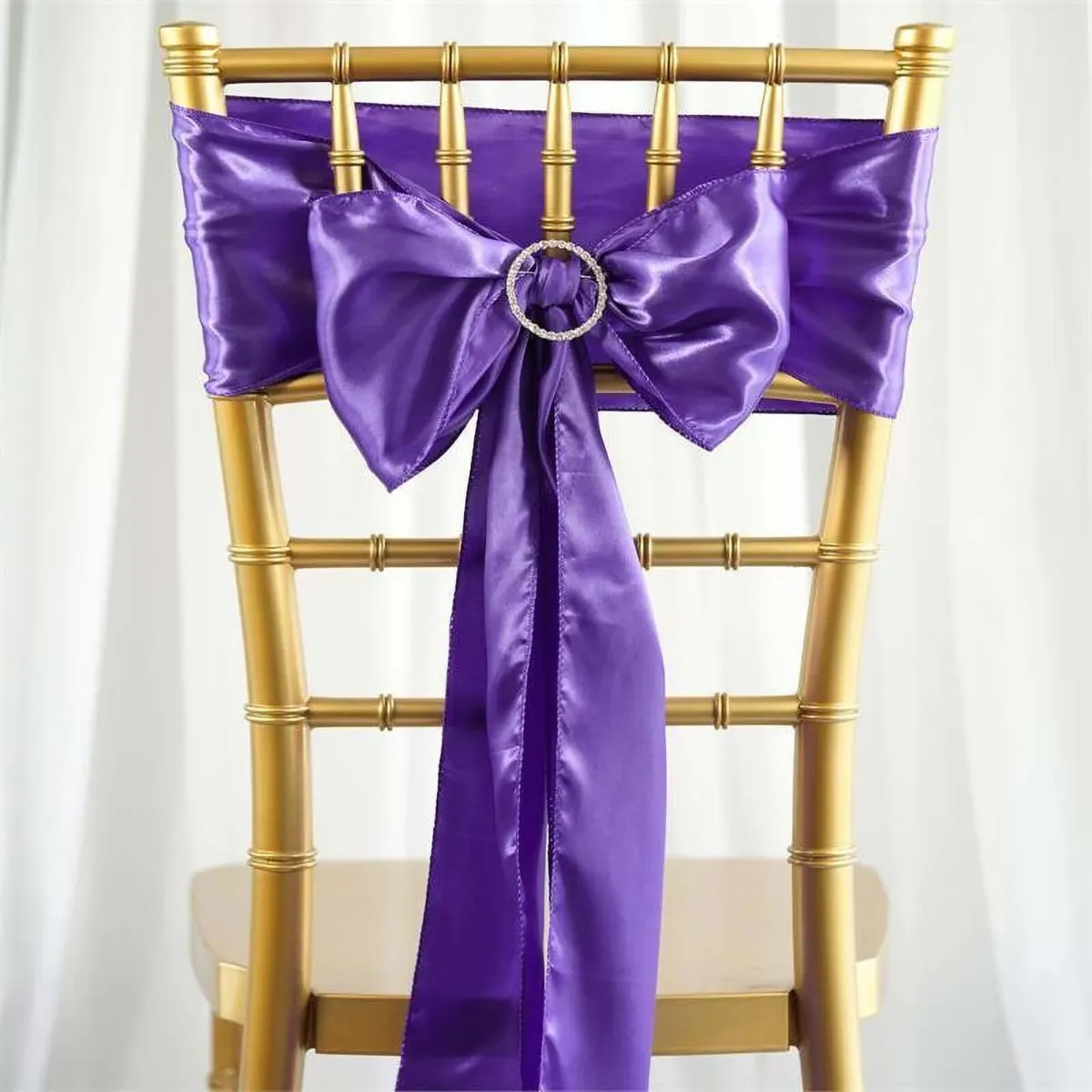Purple Satin Chair Sash Rental for Gold Chiavari Chairs