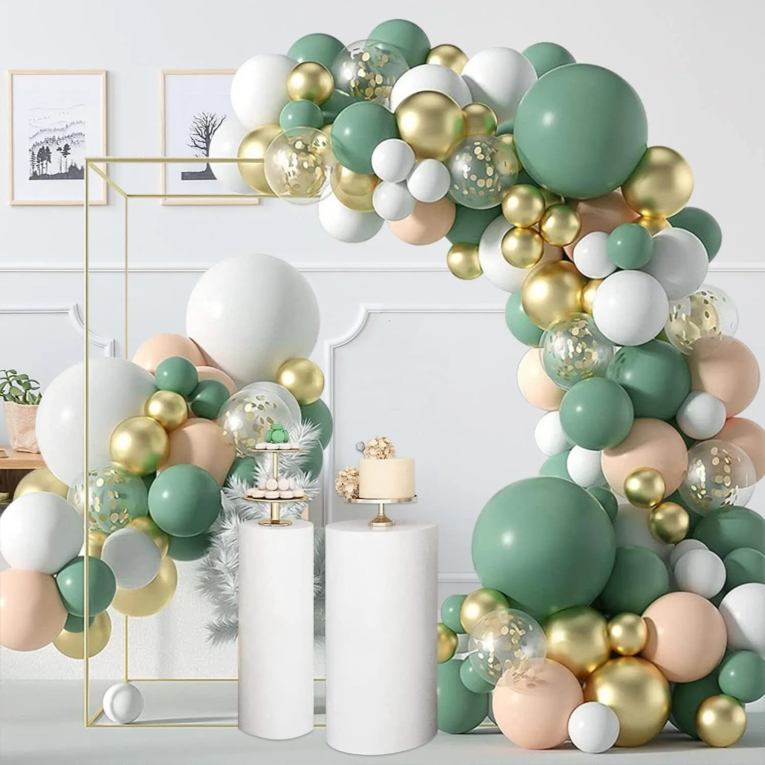 Premade Ready to Hang Grab and Go Balloon Garland Only - Sage Gold White Confetti 