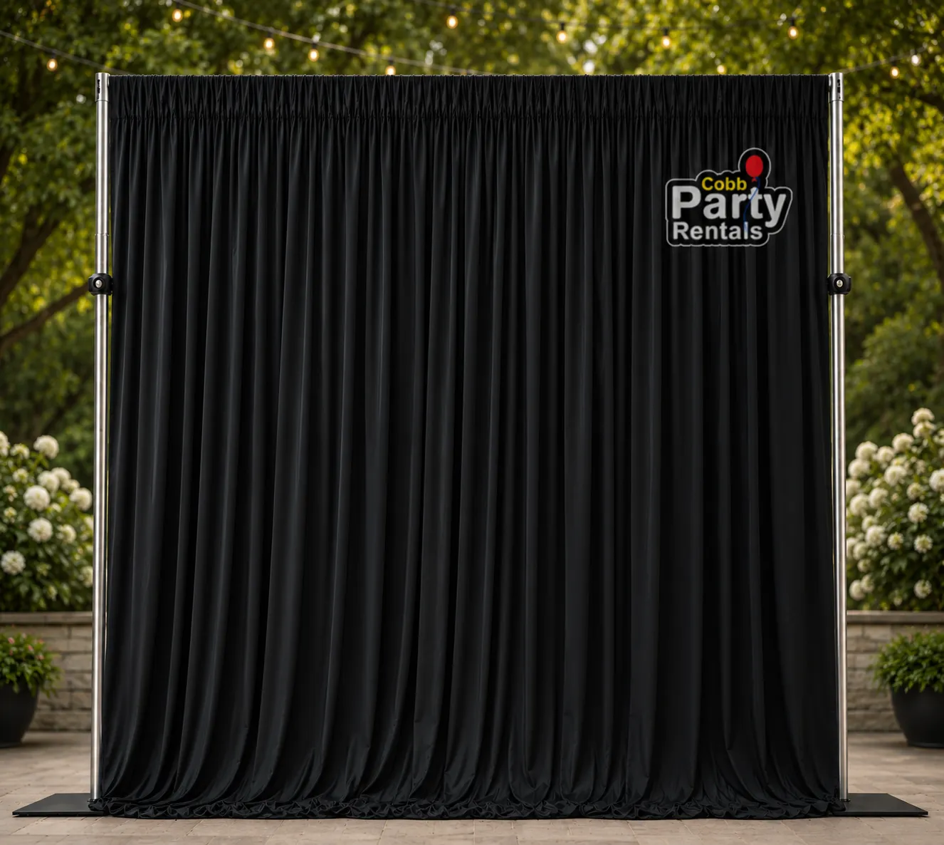 Black 6-Panel Drapes with Heavy-Duty 10x10 Frame Rental | Marietta & Atlanta GA  (Availability Verification Required Before Ordering)