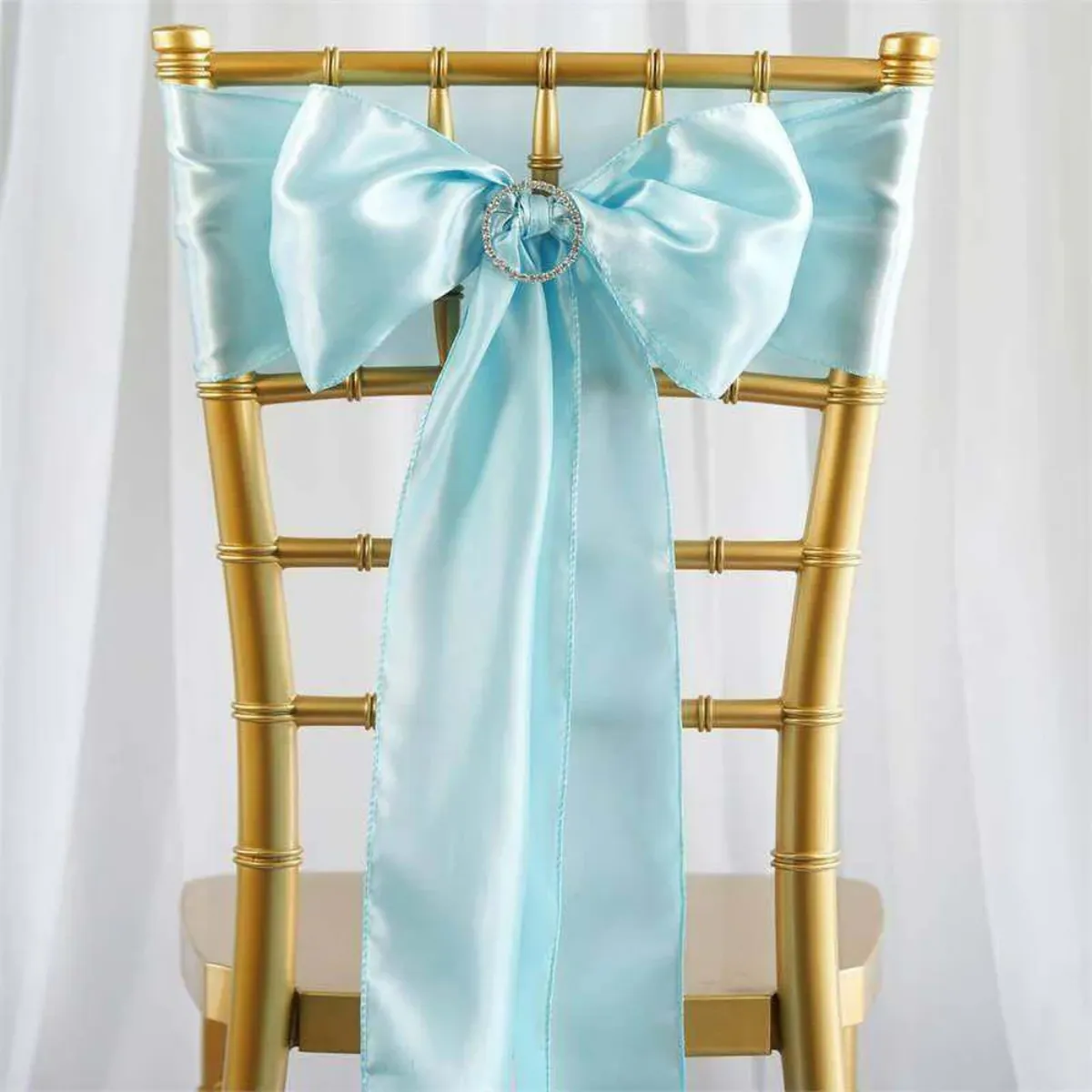 Light Blue Chair Sash Rental for Gold Chiavari Chairs