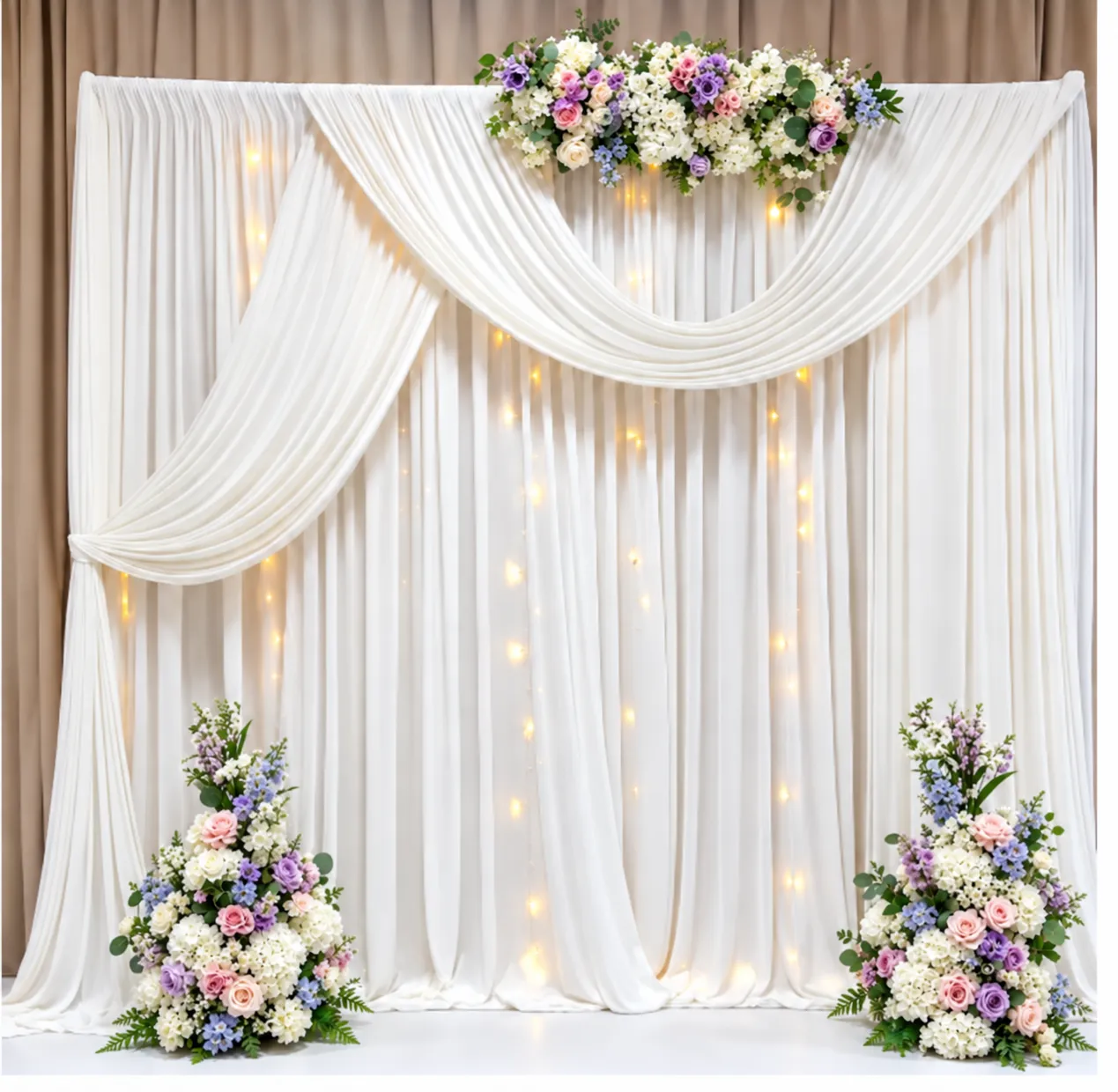 Event Decor - Customizable Luxury Floral & Fairy Light Draped Backdrop Rental with Floral Arrangements & Draping | Atlanta (Colors can be customized)