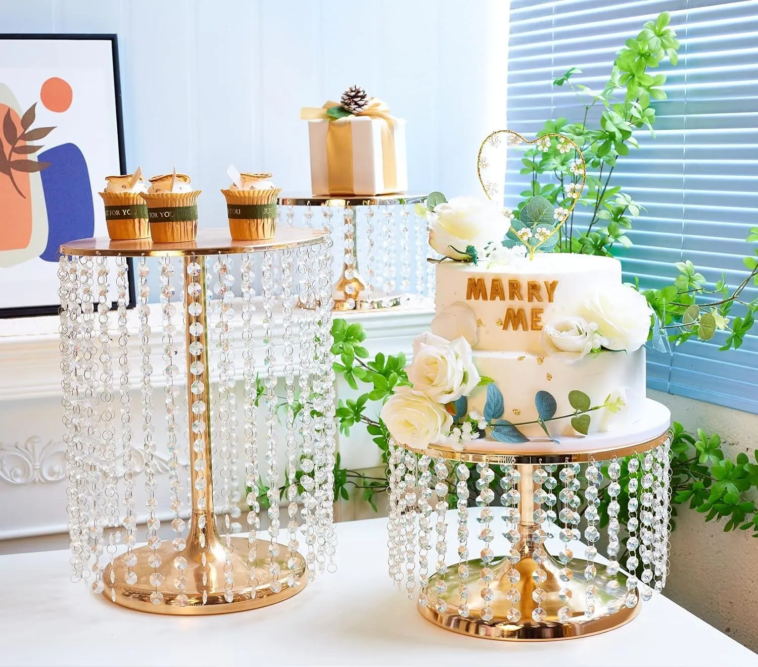 Gold Cake Stand with Beaded Crystals 