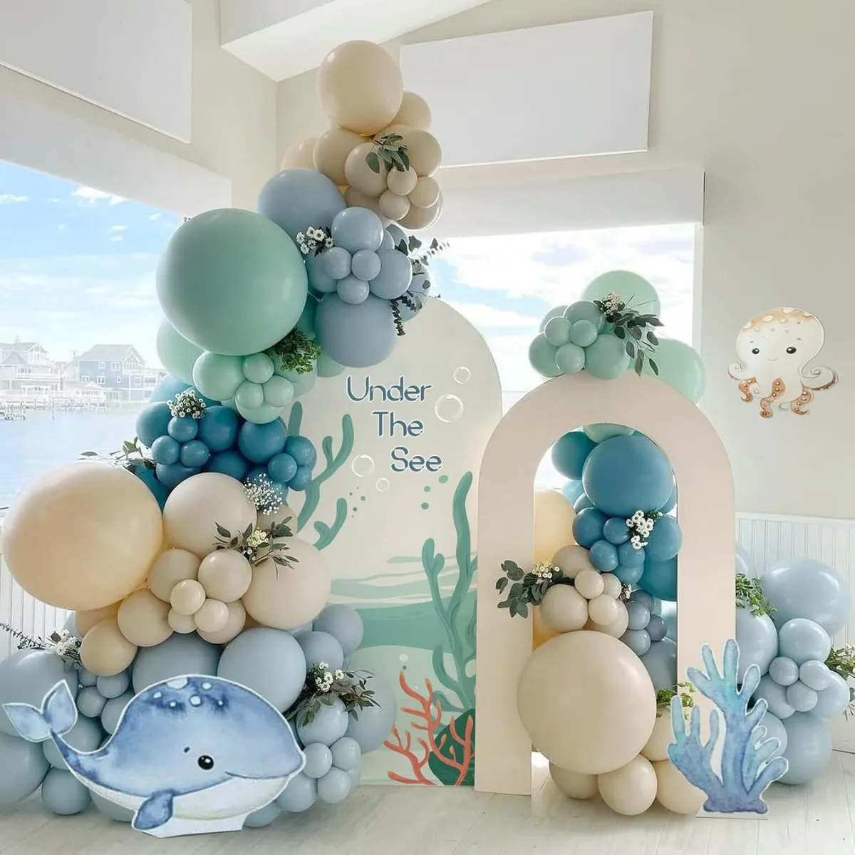 Dusty Slate Blue Pastel Green Sand  Premade Grab and Go Balloon Garland – Ready-To-Use Balloon Decor for Atlanta Events, Birthdays, Baby Showers & Weddings