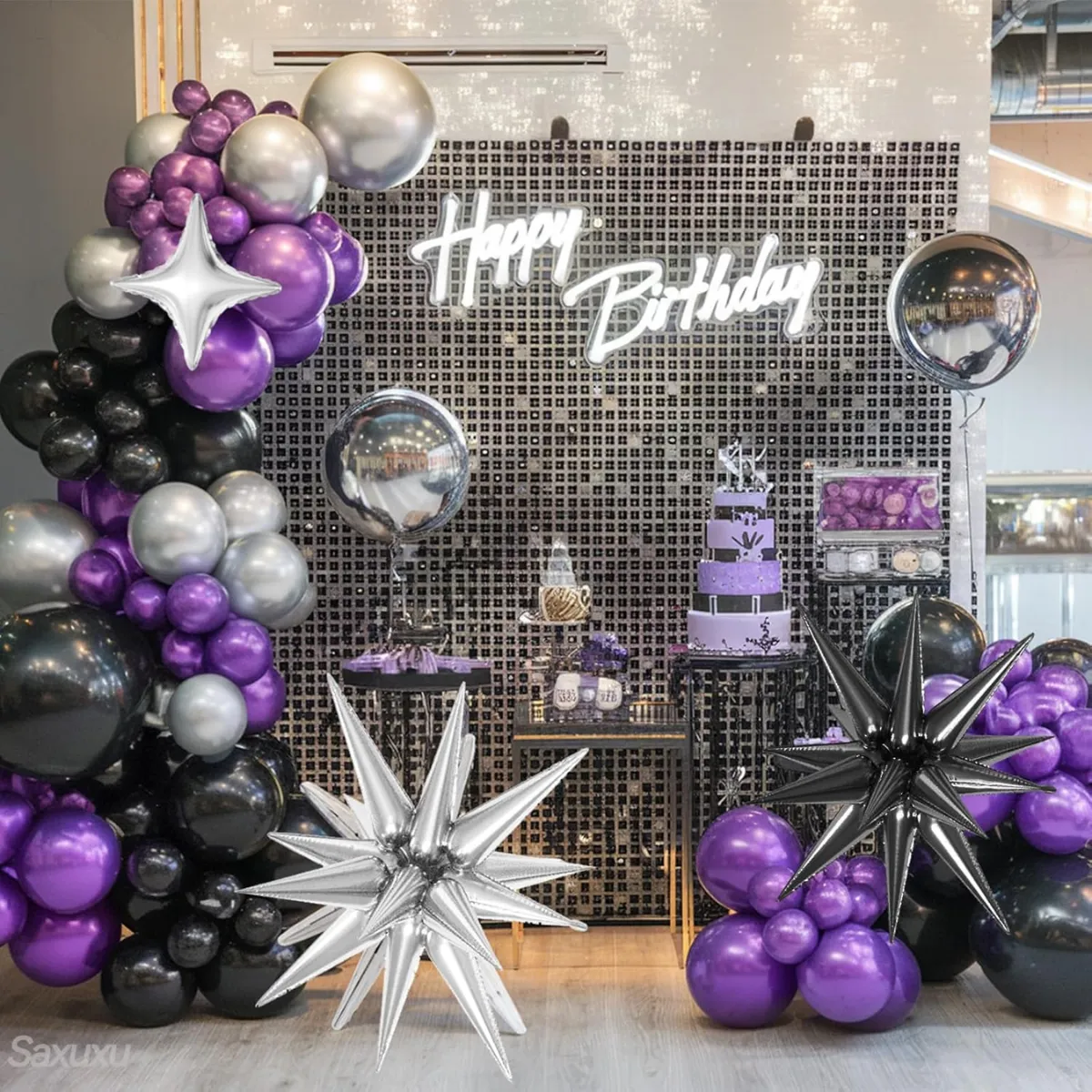 Black Metallic Purple Silver  Premade Grab and Go Balloon Garland Only– Ready-To-Use Balloon Decor for Atlanta Events, Birthdays, Baby Showers & Weddings