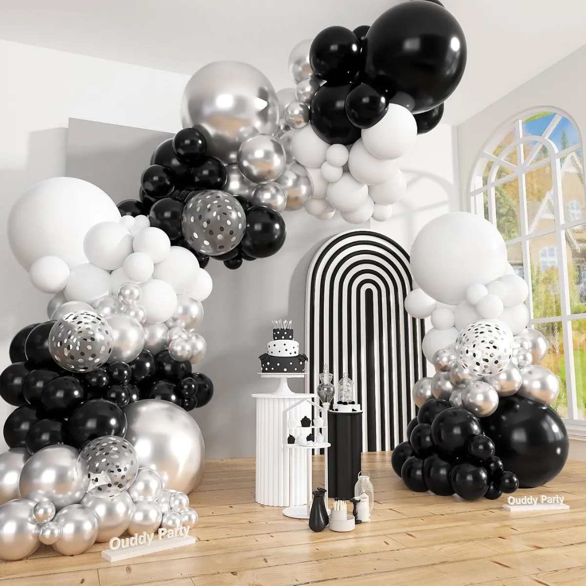 Black Silver White Confetti  Premade Grab and Go Balloon Garland Only– Ready-To-Use Balloon Decor for Atlanta Events, Birthdays, Baby Showers & Weddings