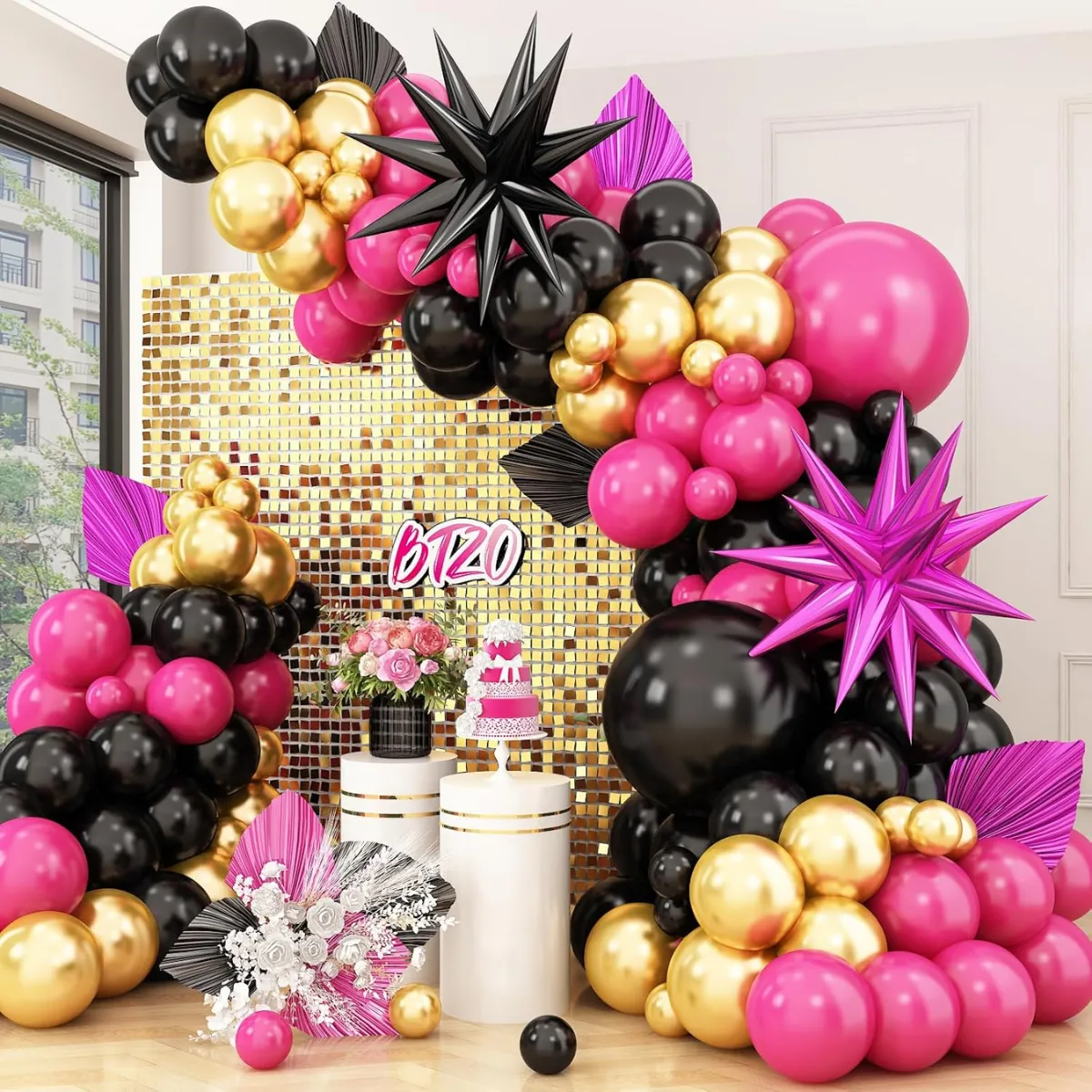 Black Gold Fuschia  Premade Grab and Go Balloon Garland – Ready-To-Use Balloon Decor for Atlanta Events, Birthdays, Baby Showers & Weddings