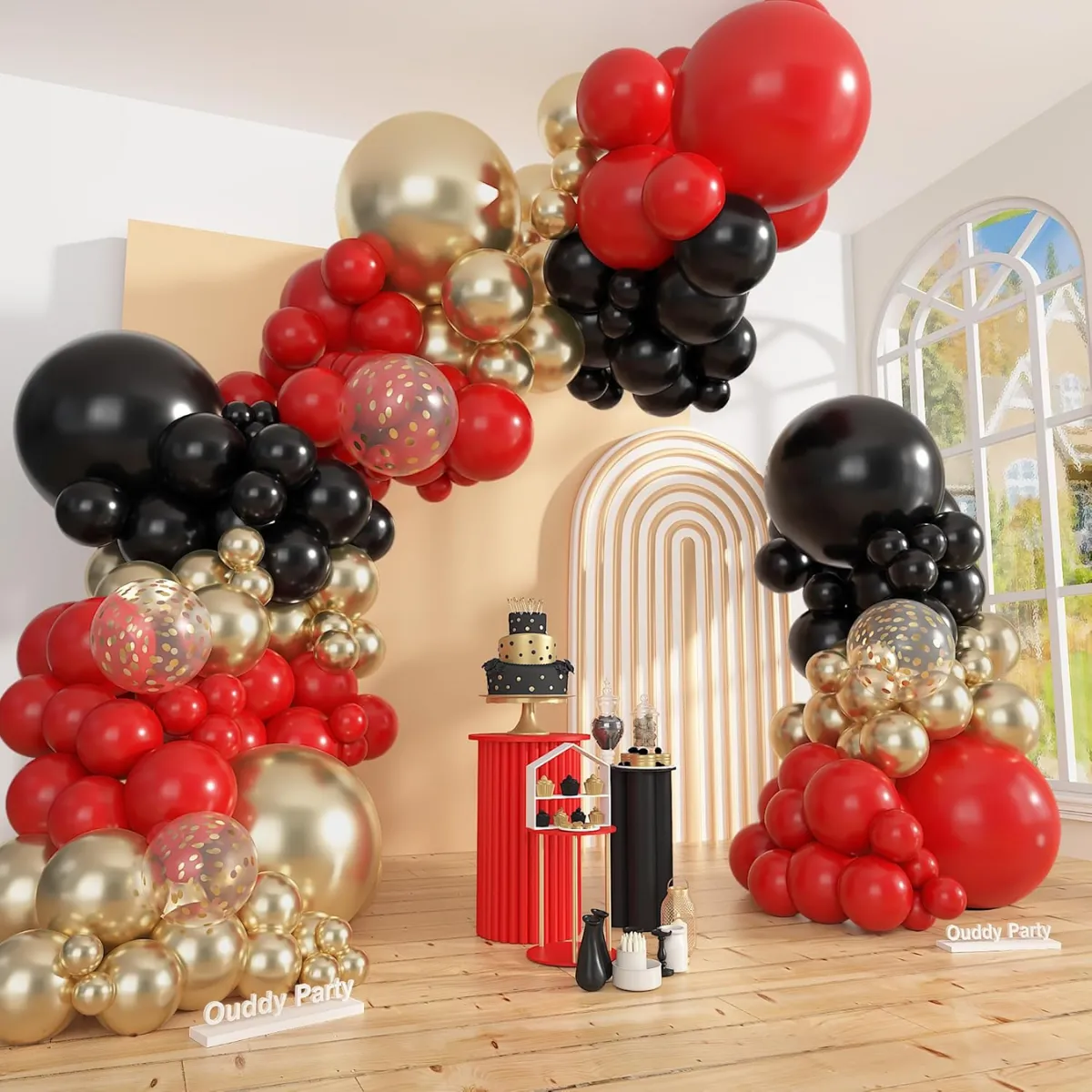 Gold Red Black Confetti  Premade Grab and Go Balloon Garland Only– Ready-To-Use Balloon Decor for Atlanta Events, Birthdays, Baby Showers & Weddings