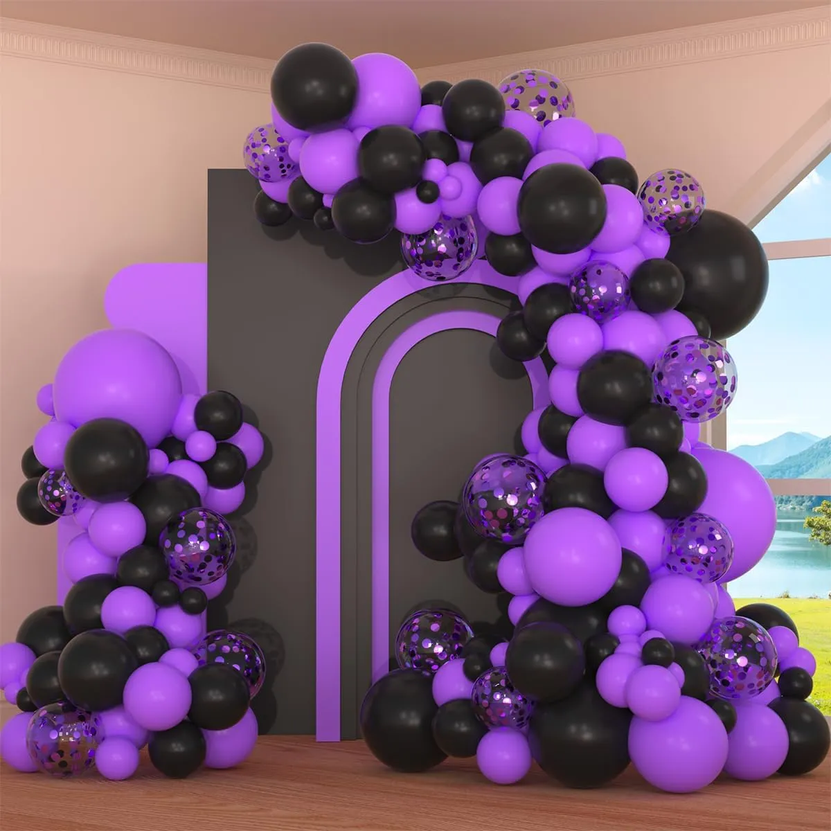 Black Purple Confetti Premade Grab and Go Balloon Garland – Ready-To-Use Balloon Decor for Atlanta Events, Birthdays, Baby Showers & Weddings