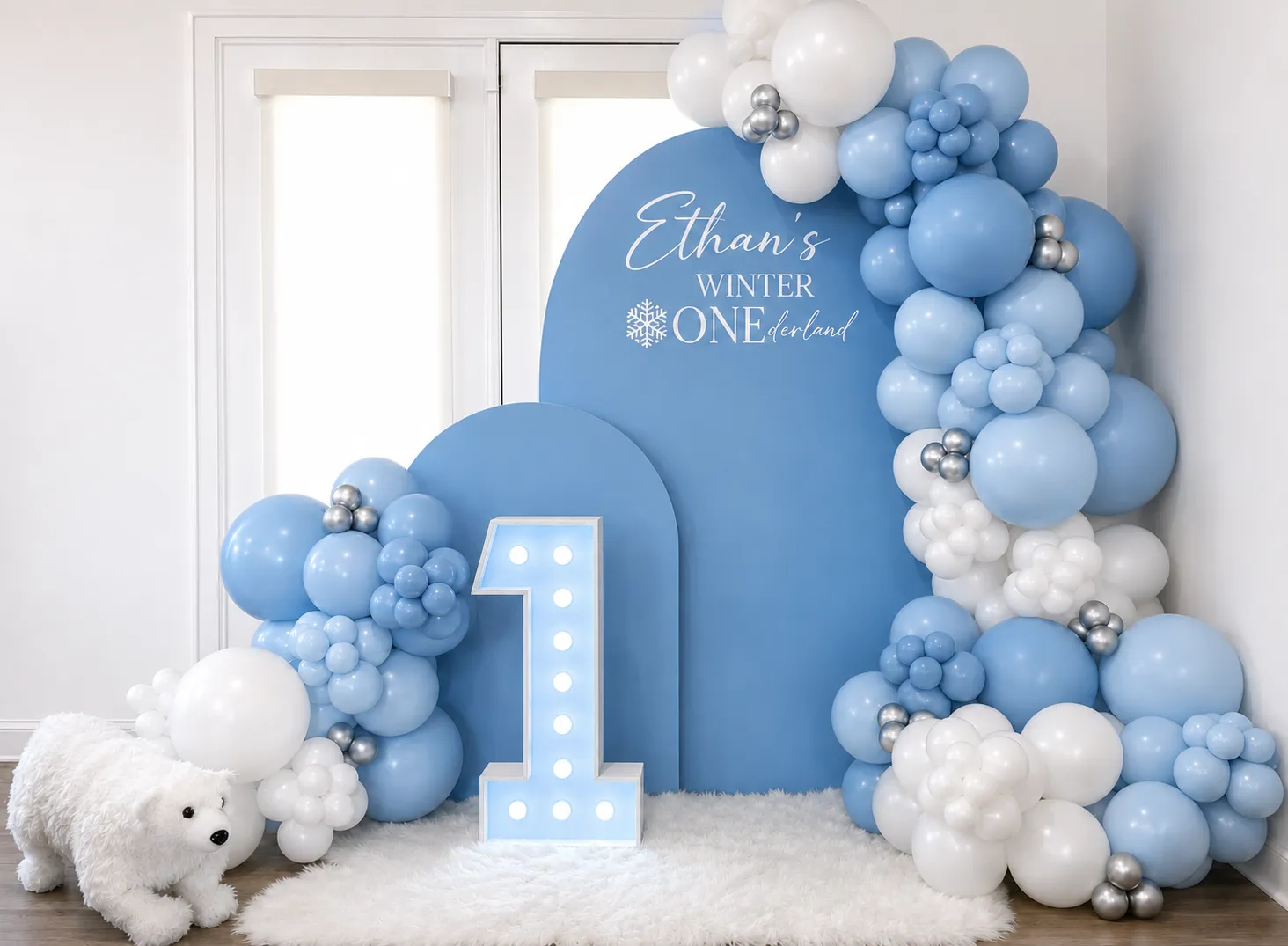 Winter ONEderland First Birthday Party Decorations in Marietta, GA | Balloon Garland & Custom Backdrop | Cobb Party Rentals
