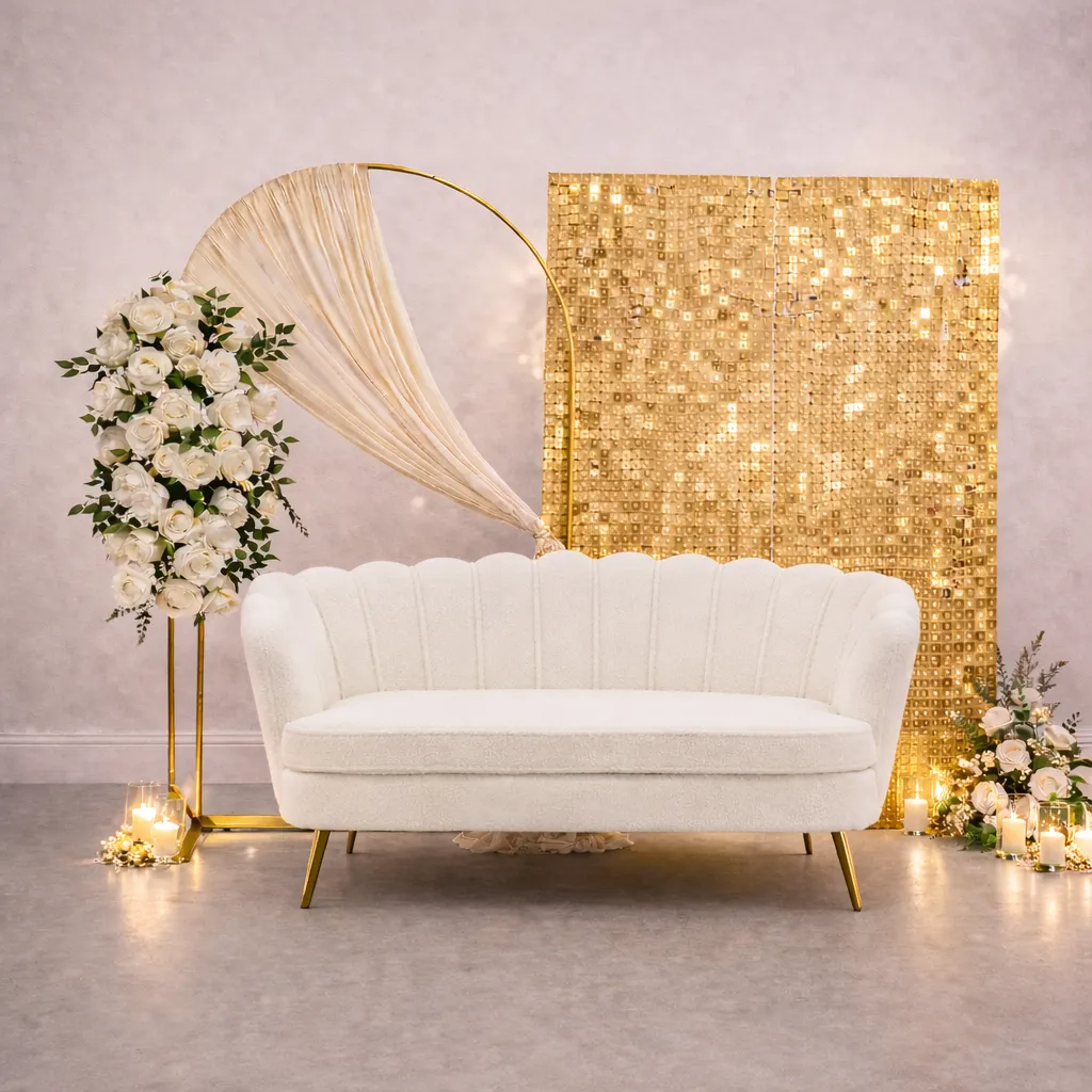 Elegant Wedding White Loveseat with Gold Sequin Backdrop | Luxury Event & Wedding Birthday Photo Setup