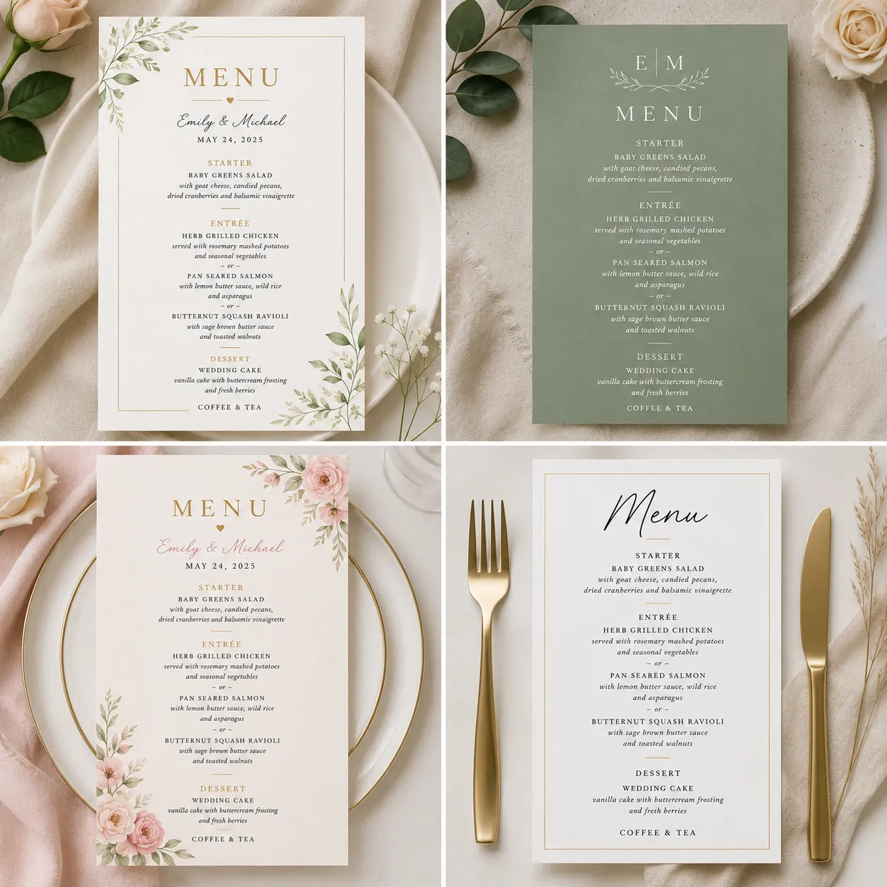 Customizable 4x6 Wedding Menu Cards | Elegant Wedding Reception Table Menu Designs