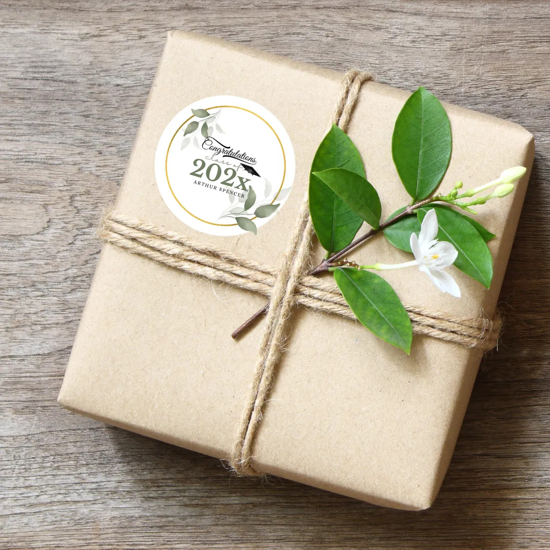 Personalized Current Year Graduation Favor Stickers Gold Circle Floral -60ct 2inch 