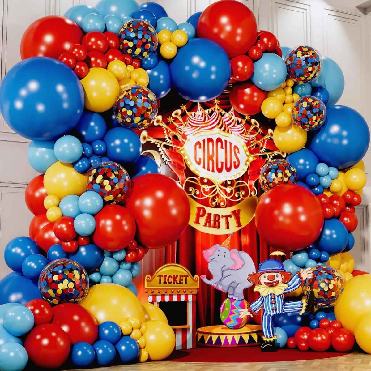 Blue Red Sky Mustard Yellow Confetti Premade Grab and Go Balloon Garland – Ready-To-Use Balloon Decor for Atlanta Events, Birthdays, Baby Showers & Weddings