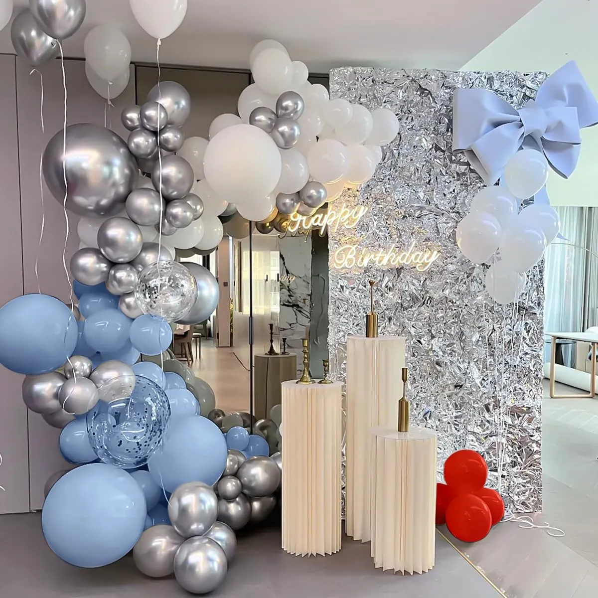 Blue Silver and White  Premade Grab and Go Balloon Garland Only– Ready-To-Use Balloon Decor for Atlanta Events, Birthdays, Baby Showers & Weddings