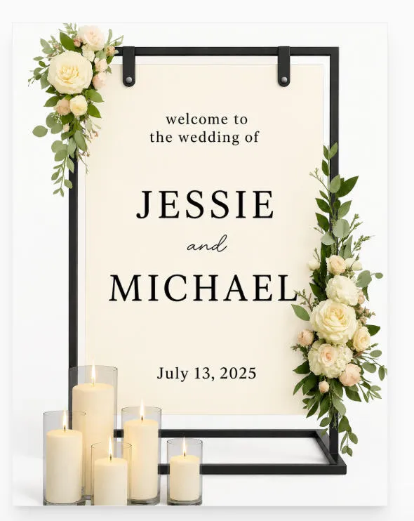 Personalized / Customizable Wedding Welcome Sign with flowers and Candles 