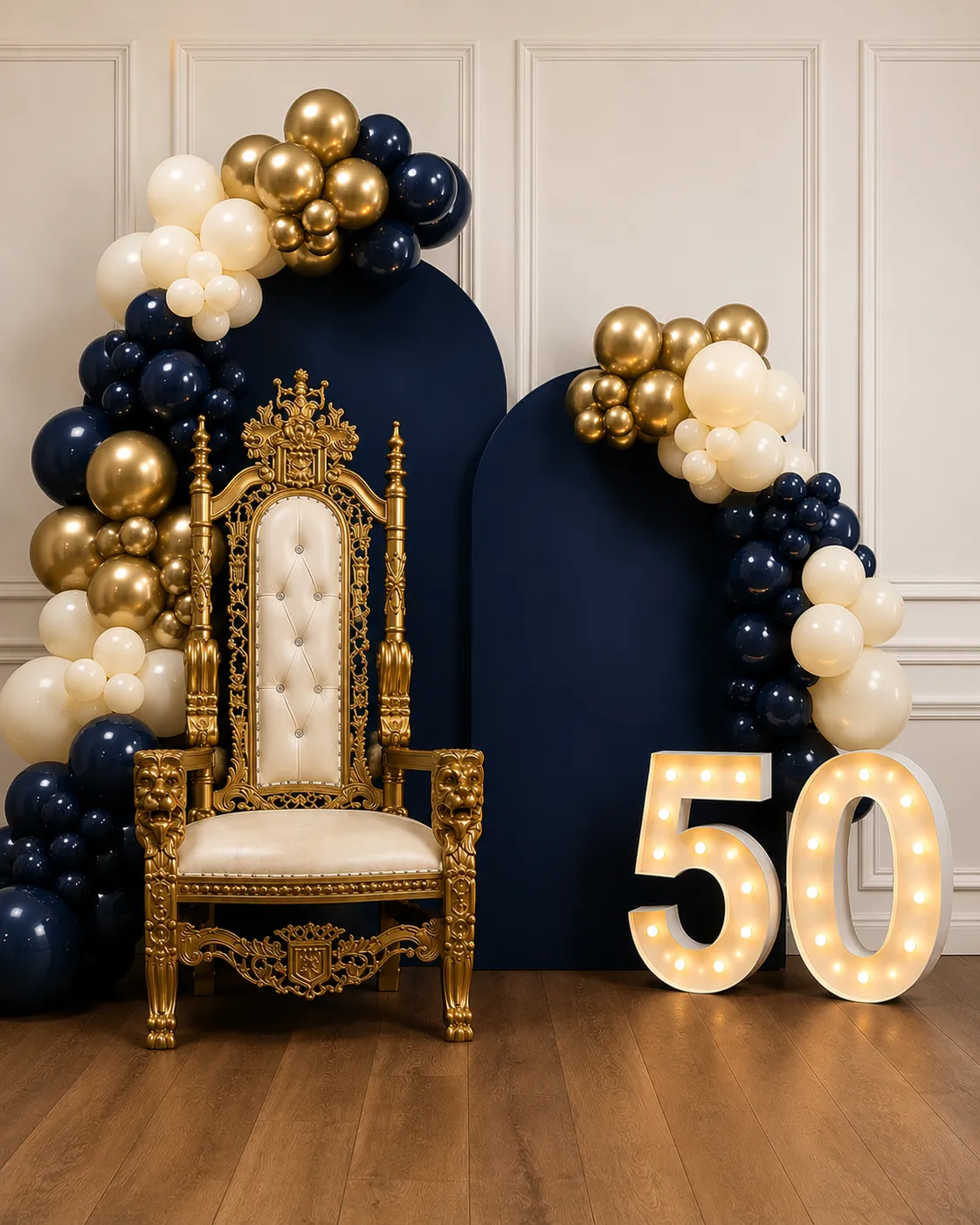 50th Birthday Backdrop Rental with Throne Chair & Balloon Garland in Atlanta, GA