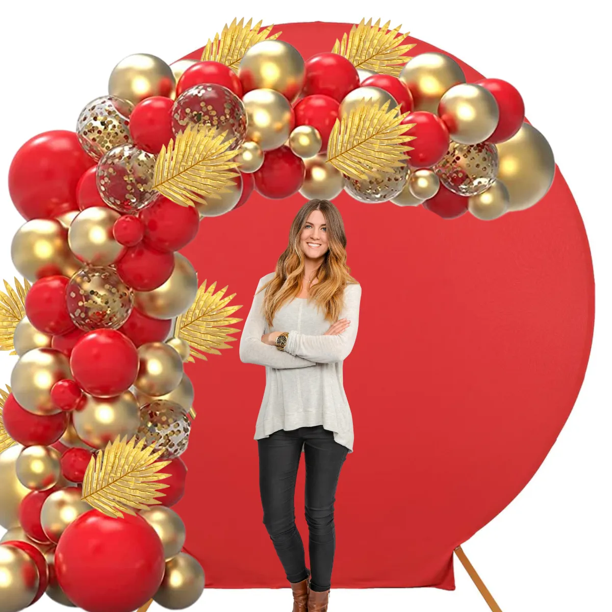 Party Rental Balloon Arch Styling with Round Arch Backdrop (Red & Gold Leaves) - 3Day Rental Red and Gold with Leaves 