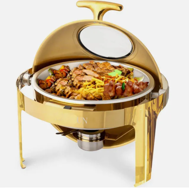 6 QT Roll Top Stainless Steel Rental-  Round  Gold Chaffing Dish Buffet Set (Needs Sternos)