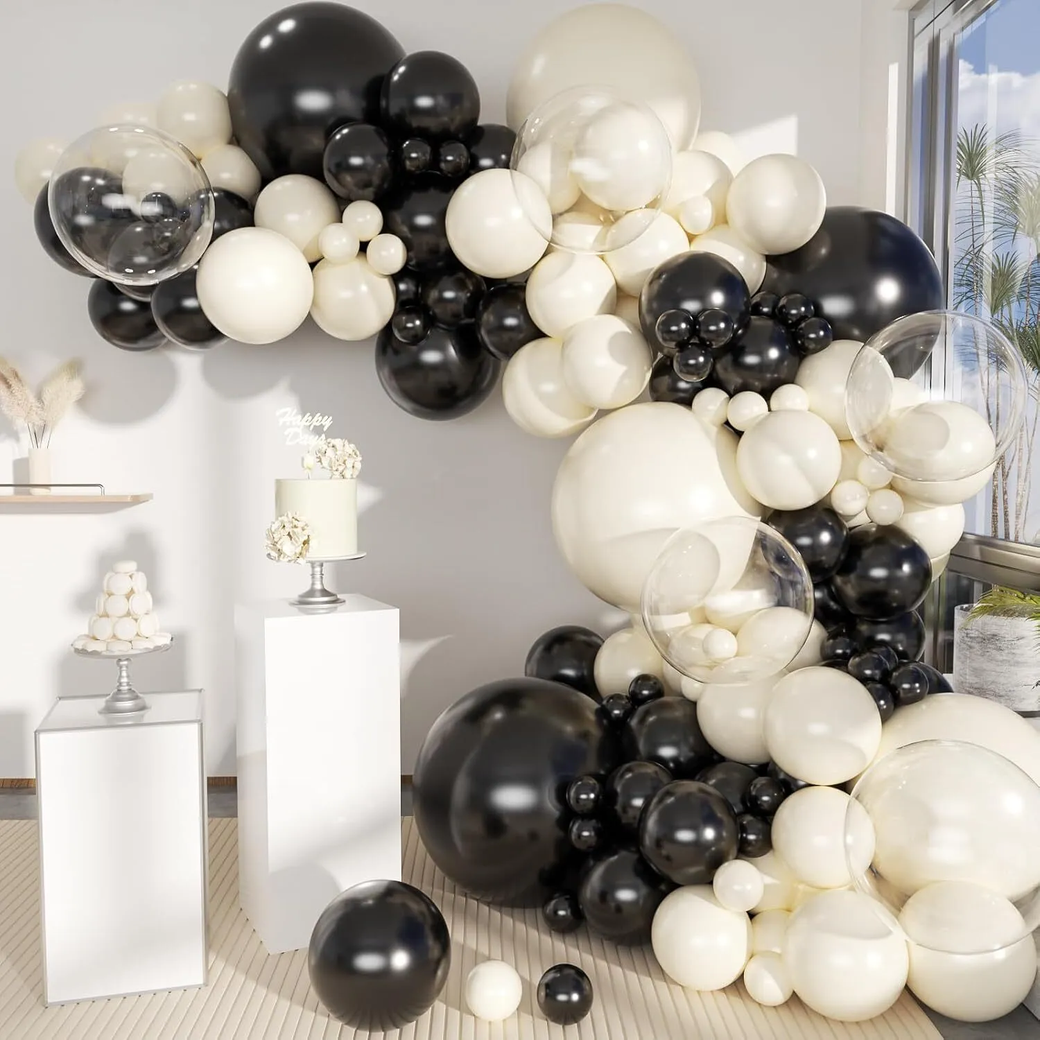 Premade Ready to Hang Grab and Go Balloon Garland Only- Cream Black Clear