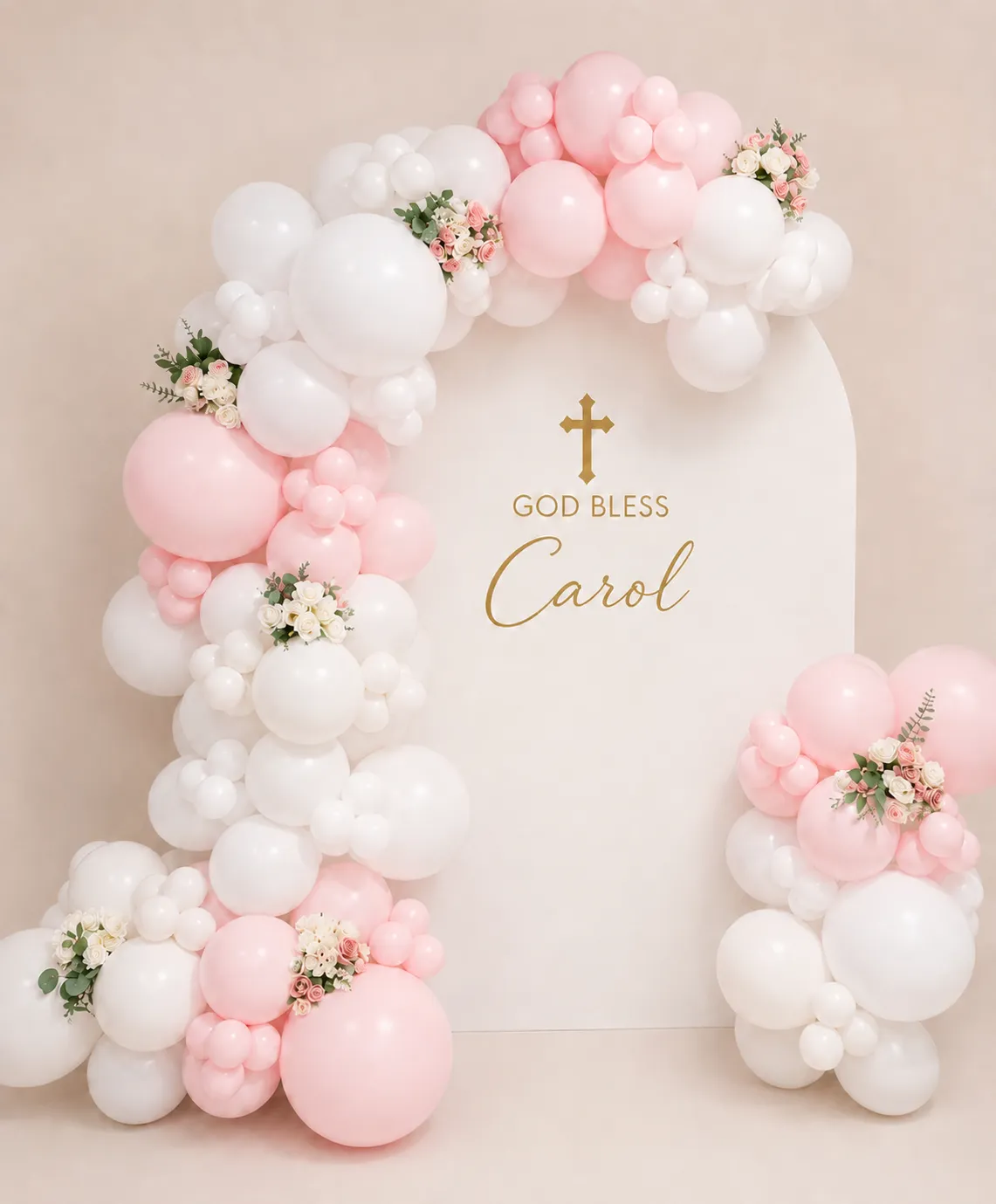 God Bless Baptism Balloon Backdrop | Elegant Pink & White Christening Decor | Atlanta Event Decor