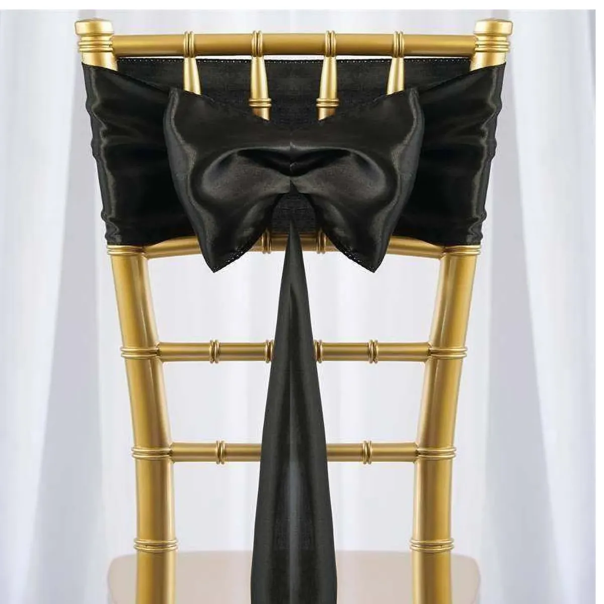 Black Satin Chair Sash Rental for Gold Chiavari Chairs
