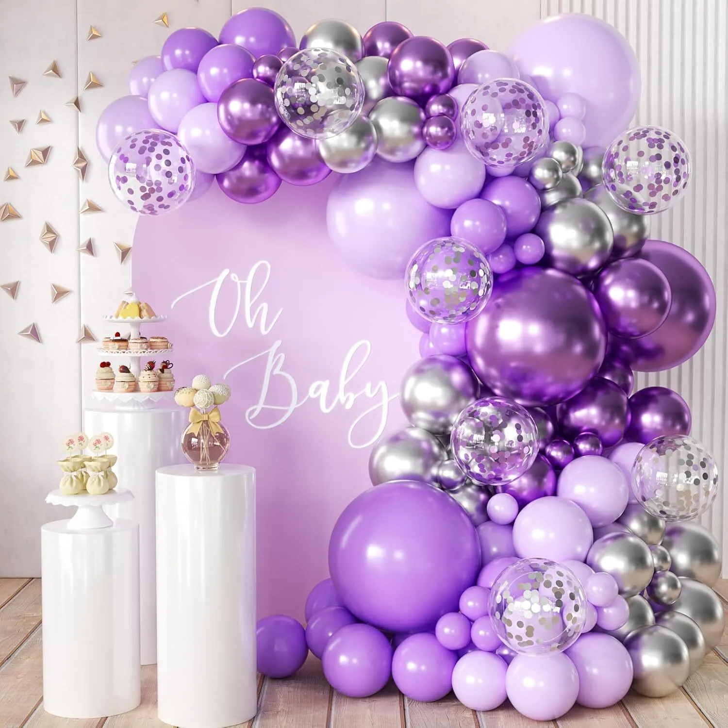 Grab and Go Balloon Garland Only -  Purple Silver   Lavender Pastel Purple Lilac and Silver Confetti 