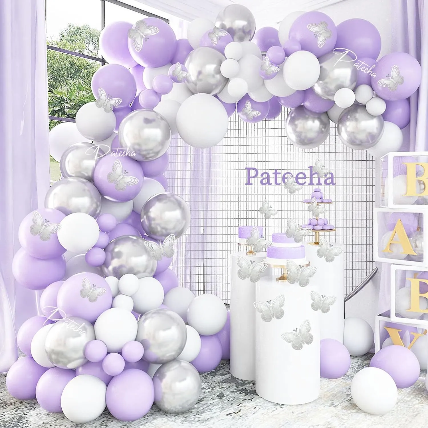Premade Ready to Hang Lavender White Silver with Silver Butterflies Grab and Go Balloons 