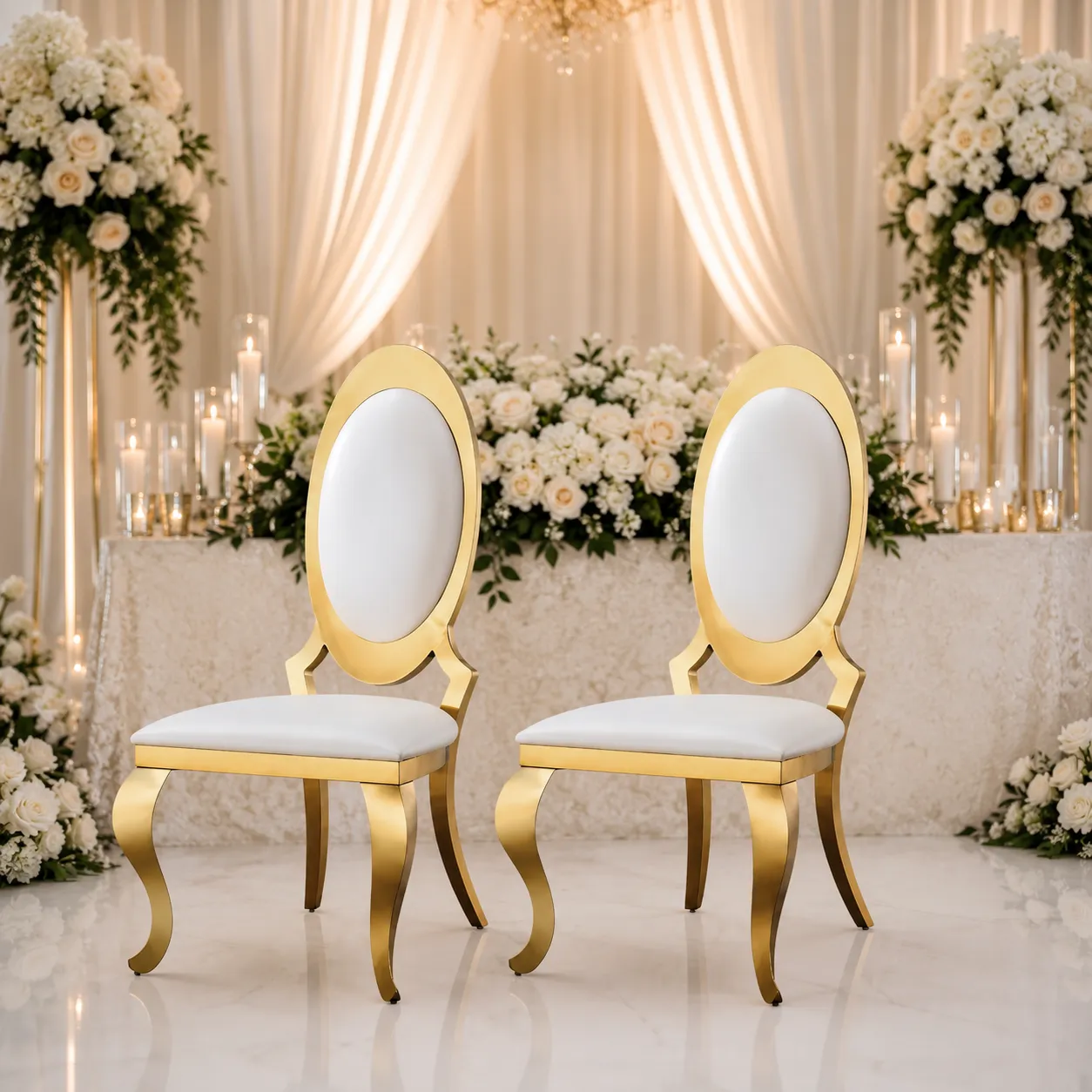 Mr & Mrs Luxury Gold Oval Back Wedding Chair Rentals in Marietta, GA | Cobb Party Rentals - Set of 2 