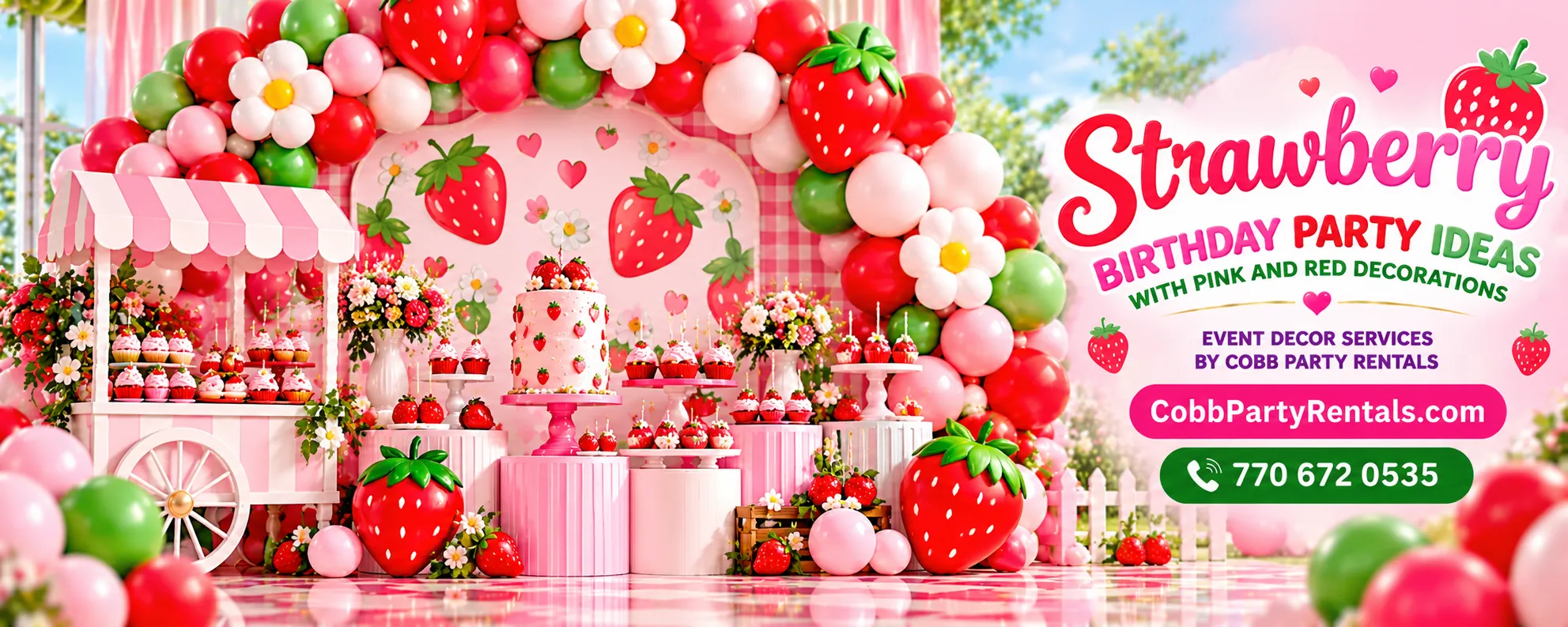 Create a sweet strawberry birthday party with pink and red balloon arches, berry-inspired backdrops, and beautiful event décor in Metro Atlanta.