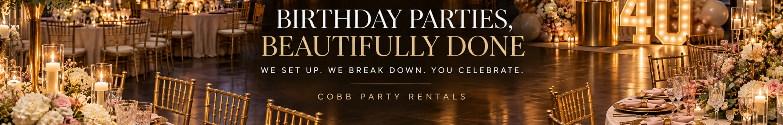 Explore the Total Event Takeover Birthday Party Decorating Package and contact us to discuss your date, location, guest count, theme, and colors.