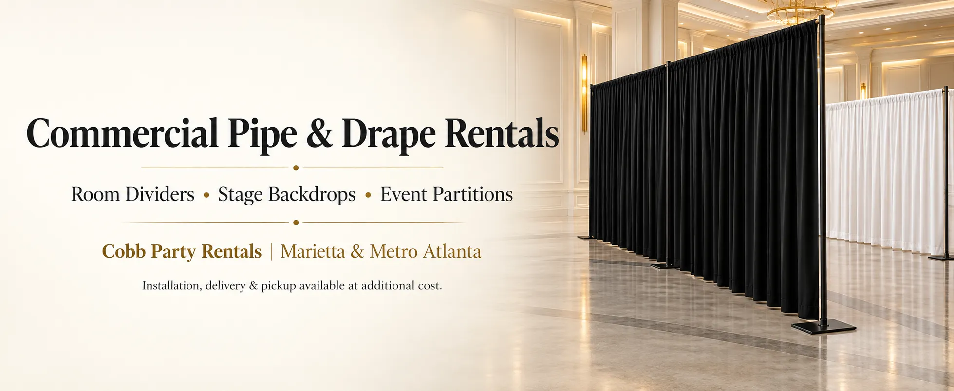 Black and white commercial pipe and drape room dividers from Cobb Party Rentals in Marietta and Metro Atlanta.