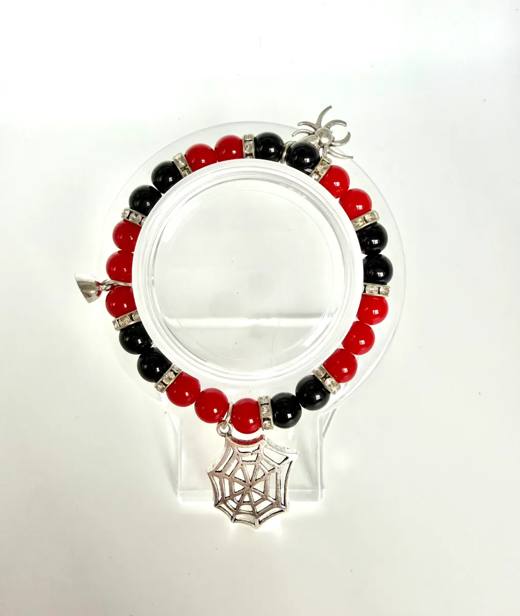 Spider and Spiderweb Stretch Beaded Charm Bracelet