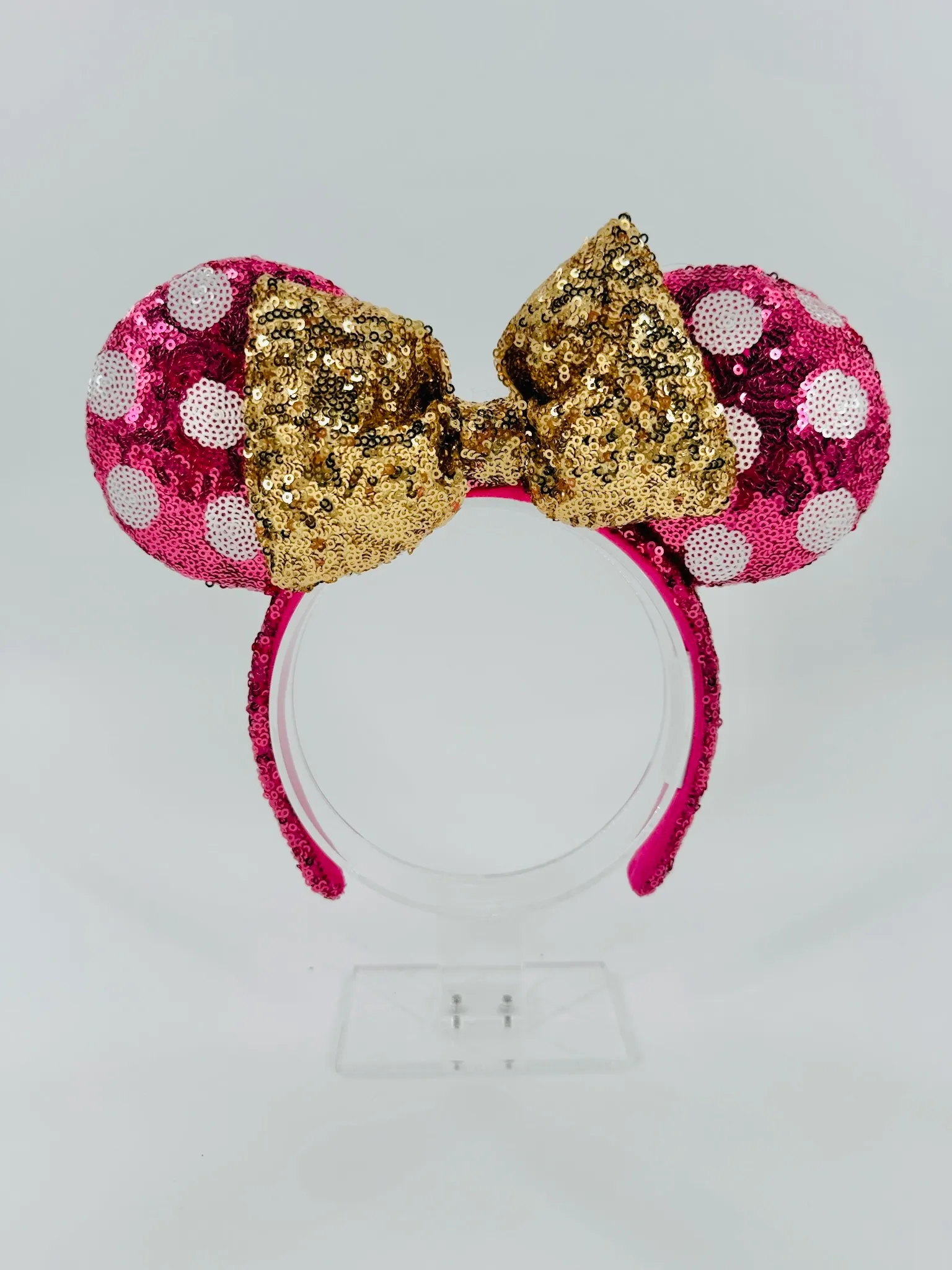 Disney Parks Pink Polka Dot Ears Gold Sequin Bow Minnie Mouse Ears Headband 