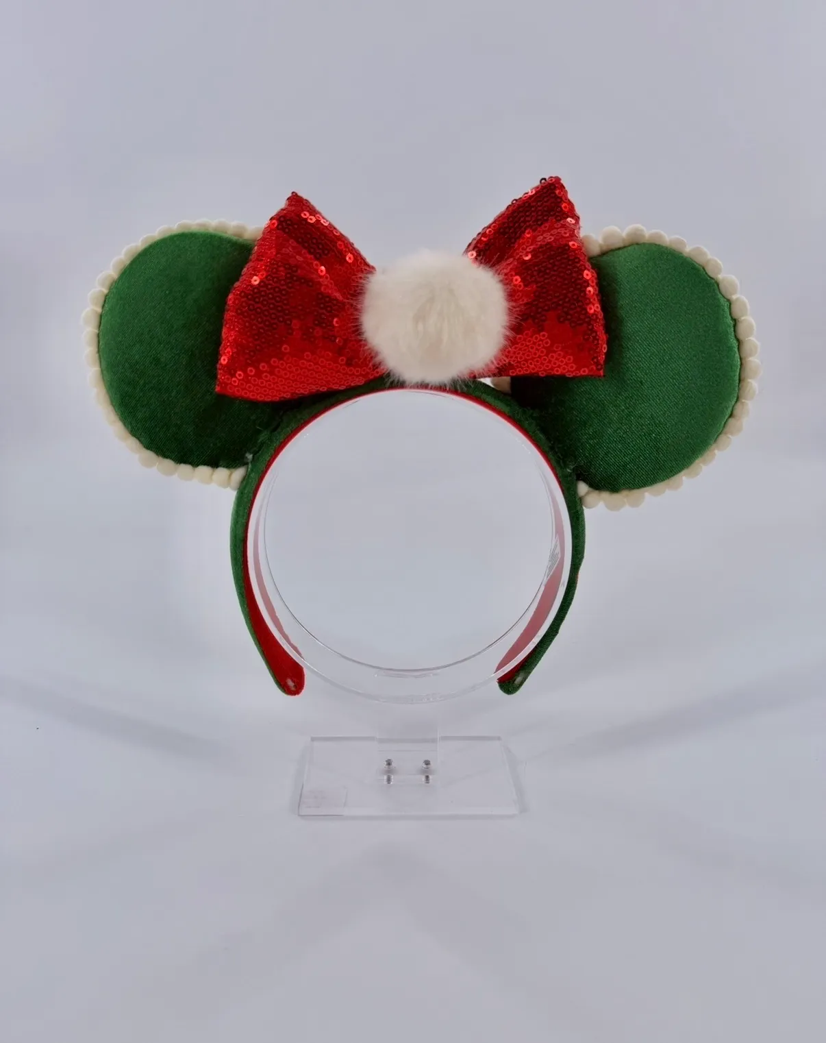 Disney Christmas Green Minnie Mouse Ear Red Bow Headband