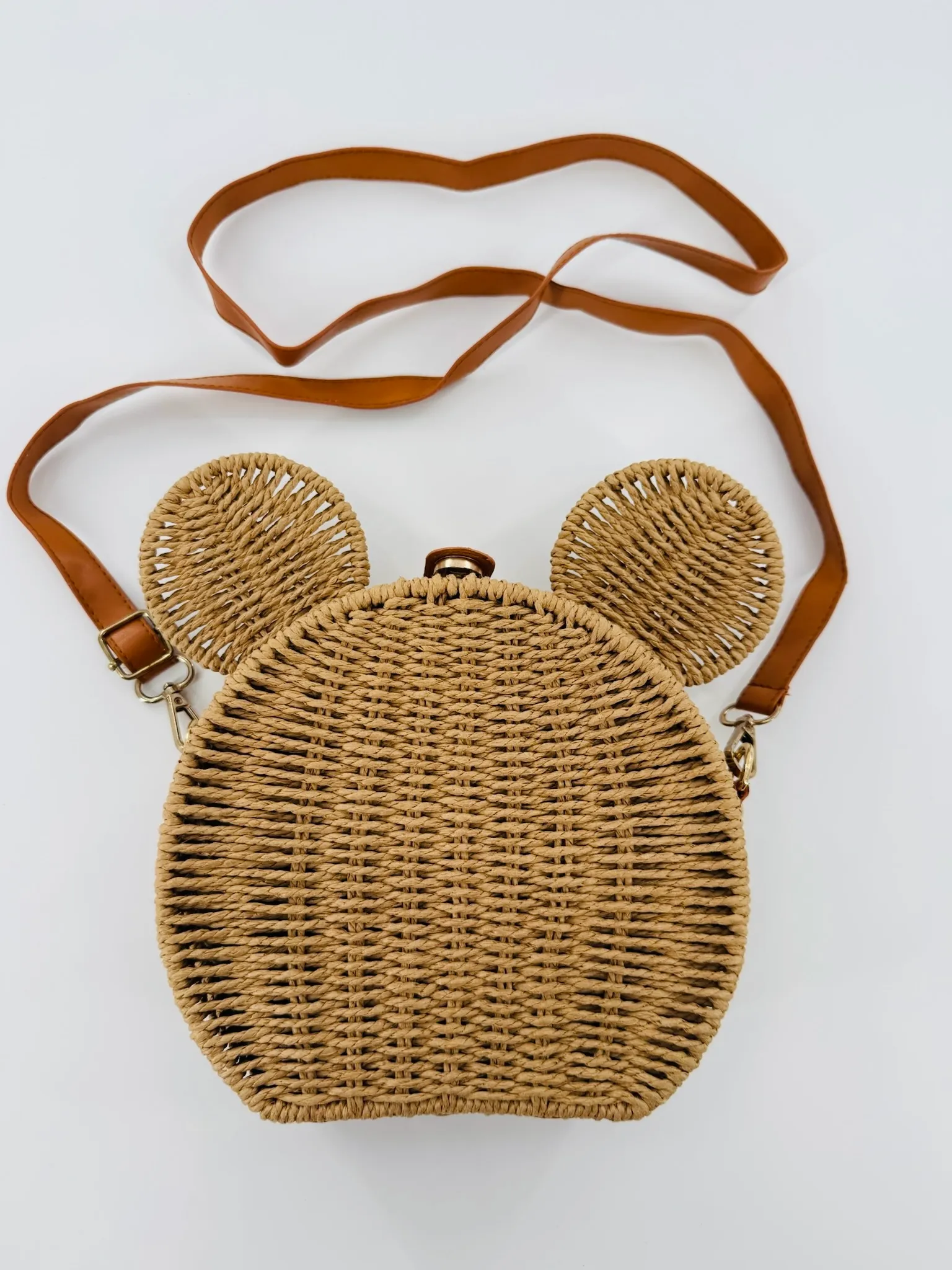 Round Rattan Straw Bag Purse for Women Handmade Cute Mouse Ear Wicker Woven Purse Crossbody Shoulder Bag Handbag
